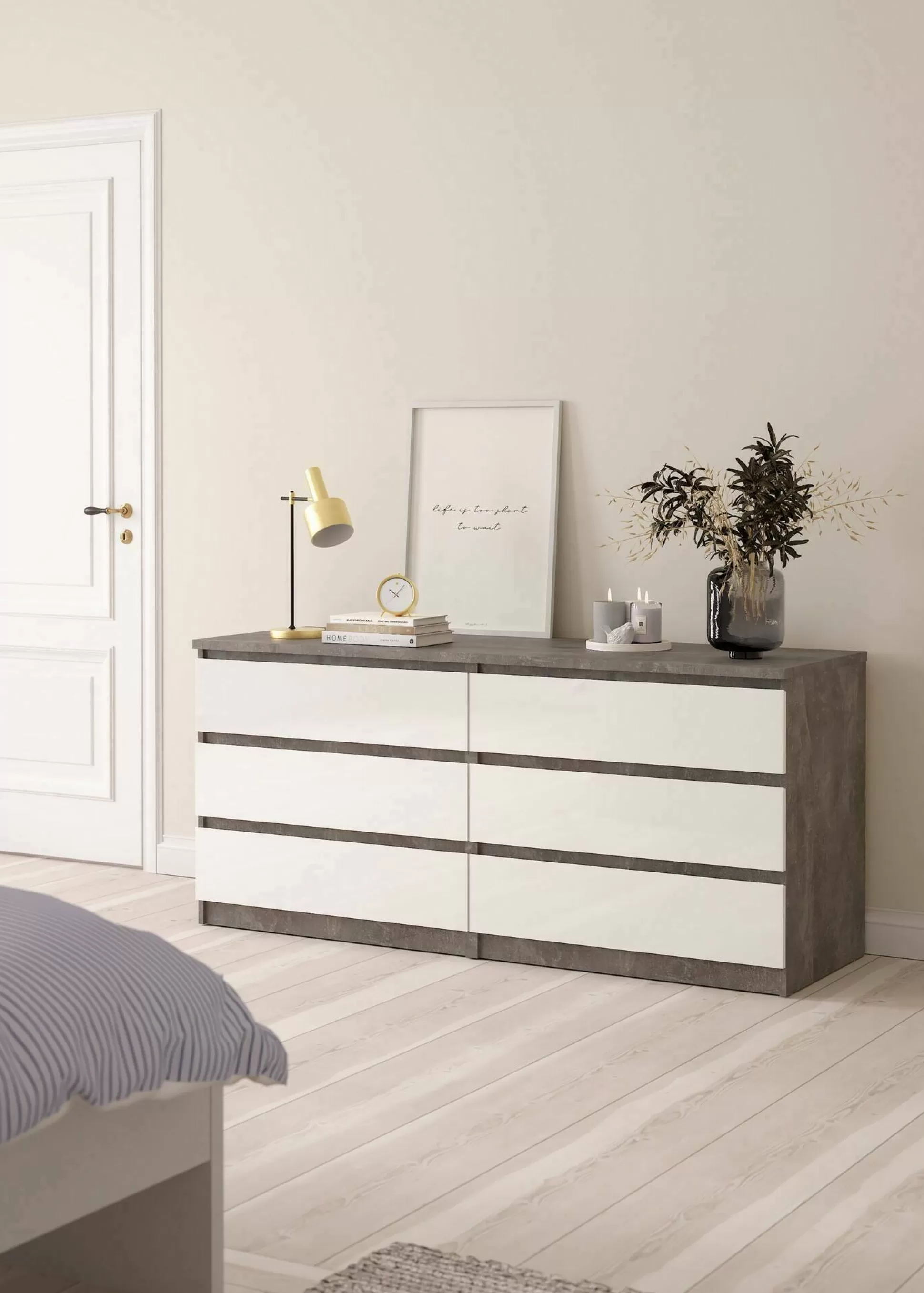 Dmora Credenze<Credenza Abacadabra, 50x154 h70 cm, Cemento e Bianco