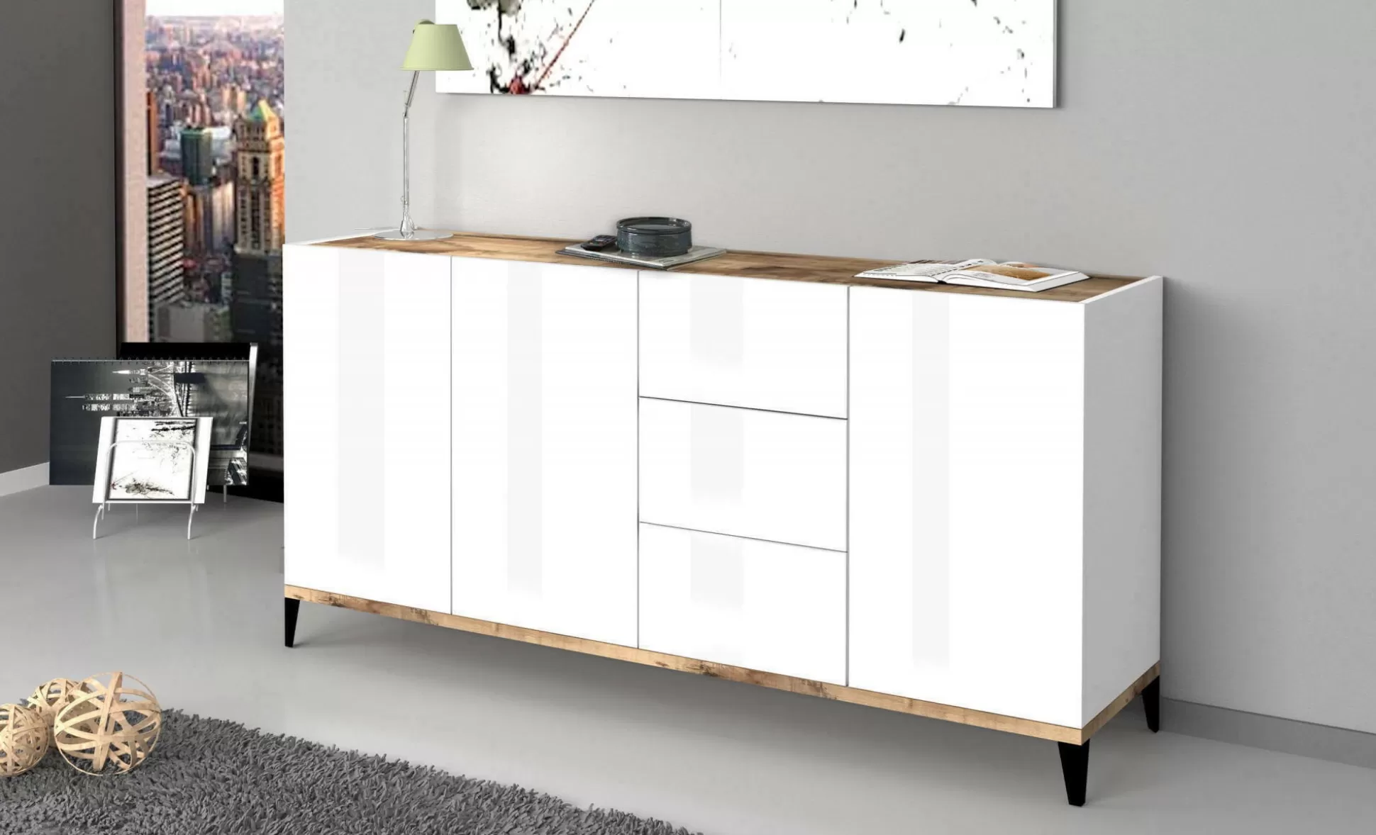 Dmora Credenze<Credenza Abic, cm 160x40h82, Bianco lucido e Acero