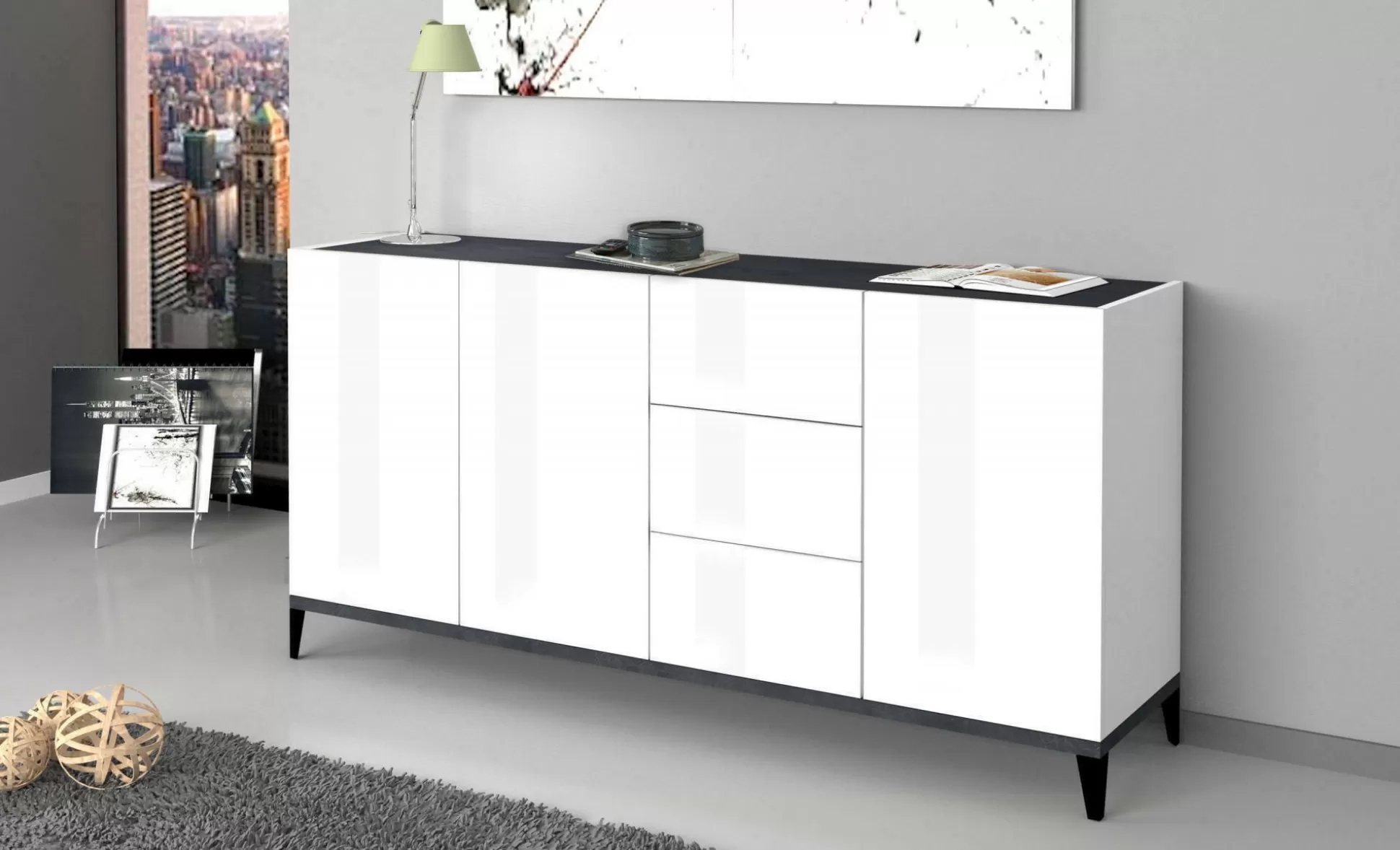 Dmora Credenze<Credenza Abic, cm 160x40h82, Bianco lucido e Ardesia