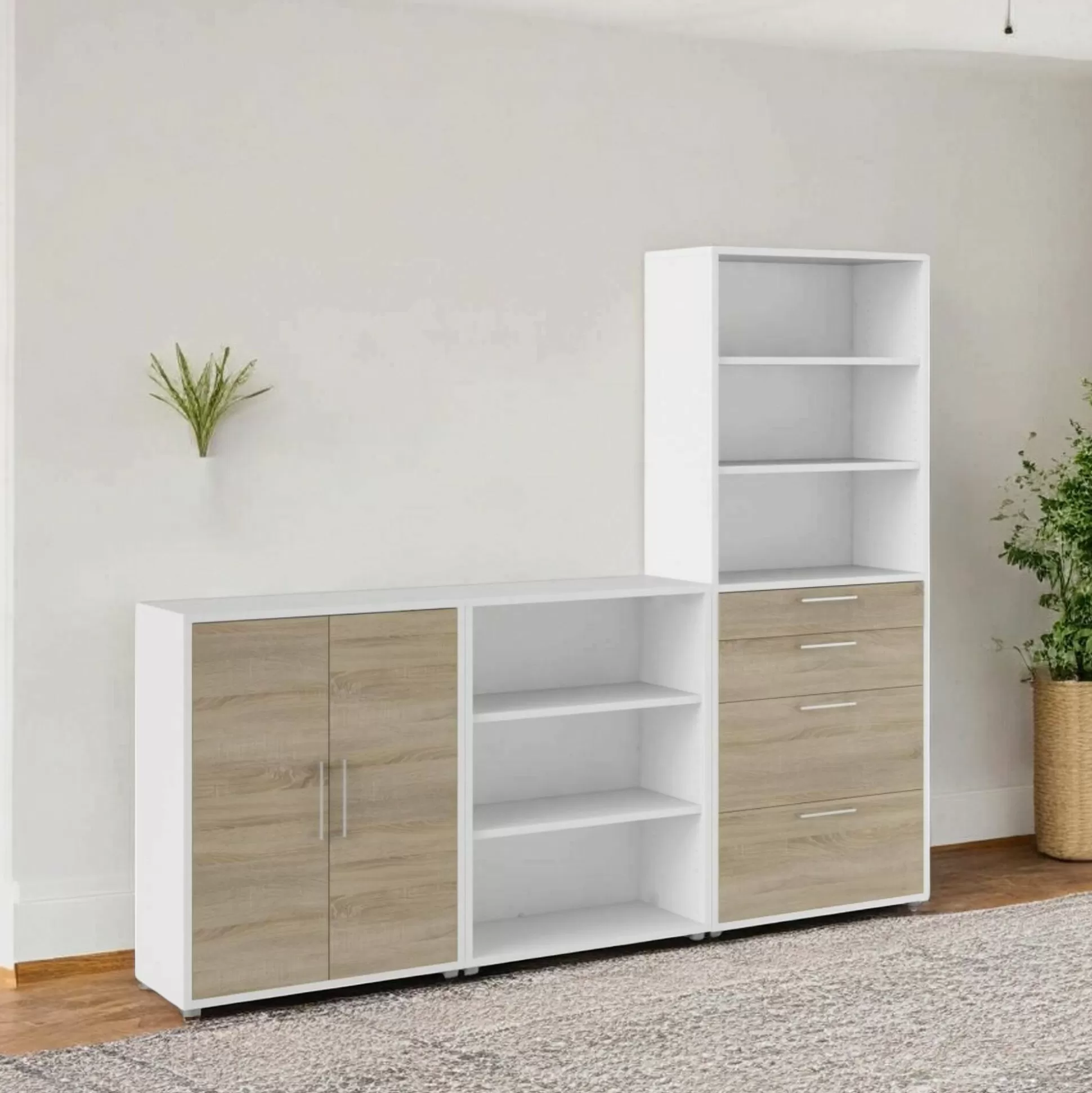 Dmora Credenze<Credenza Acceglio, 267x40 h222 cm, Bianco e Quercia