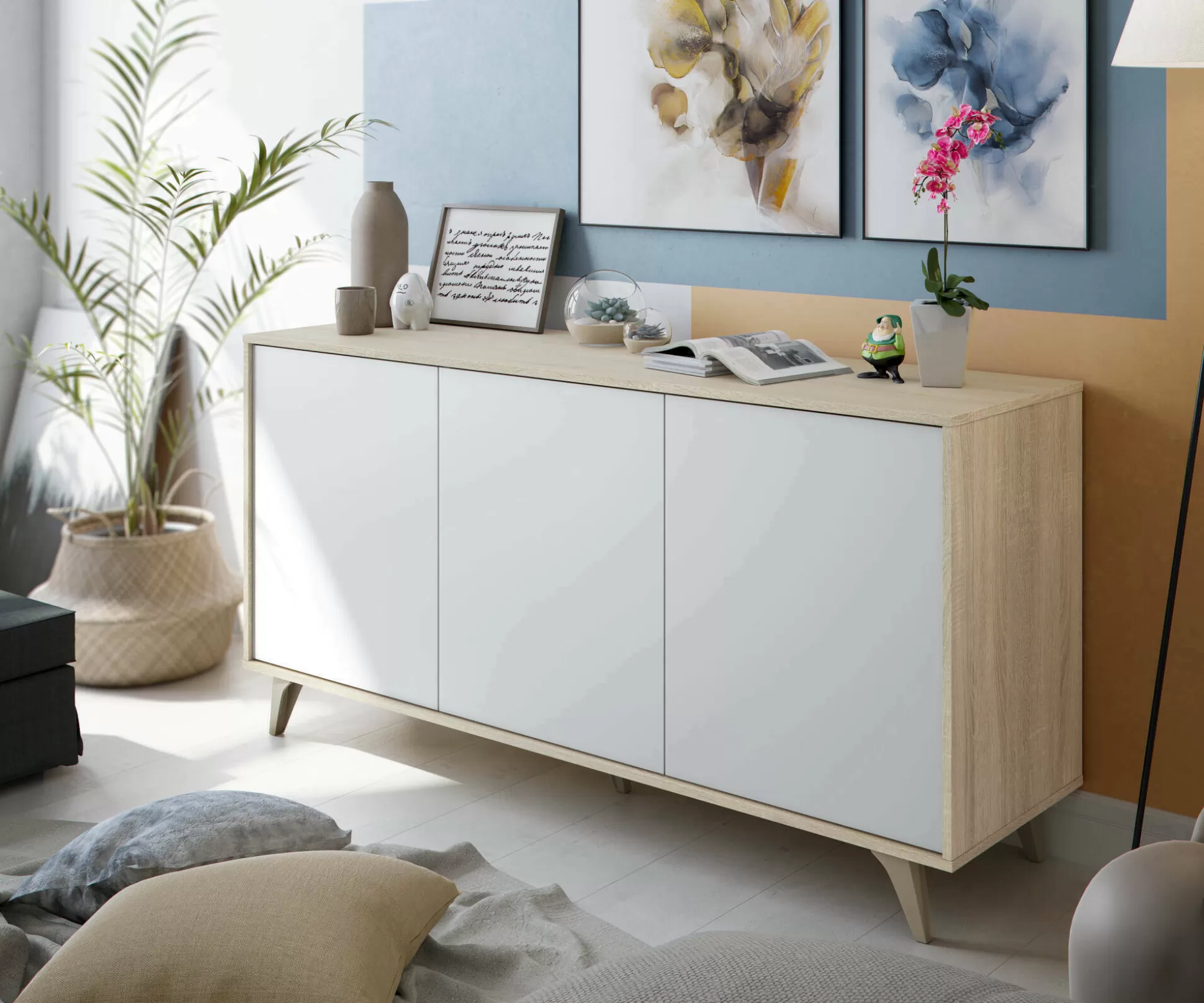 Dmora Credenze<Credenza Acrolorum, 154x40h75 cm, Rovere e Bianco