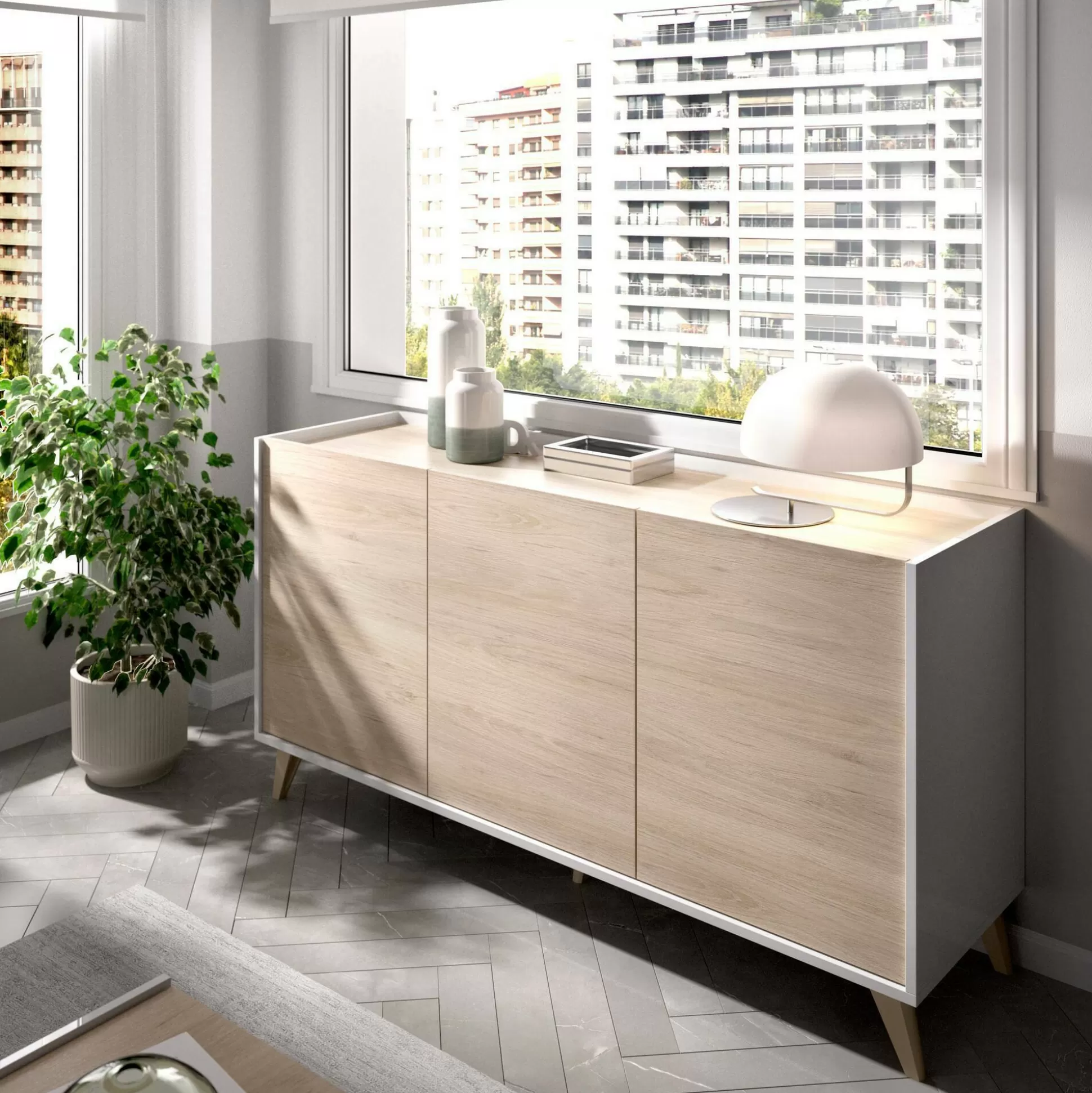 Dmora Credenze<Credenza Afrodite, 155x43h75 cm, Rovere e Bianco