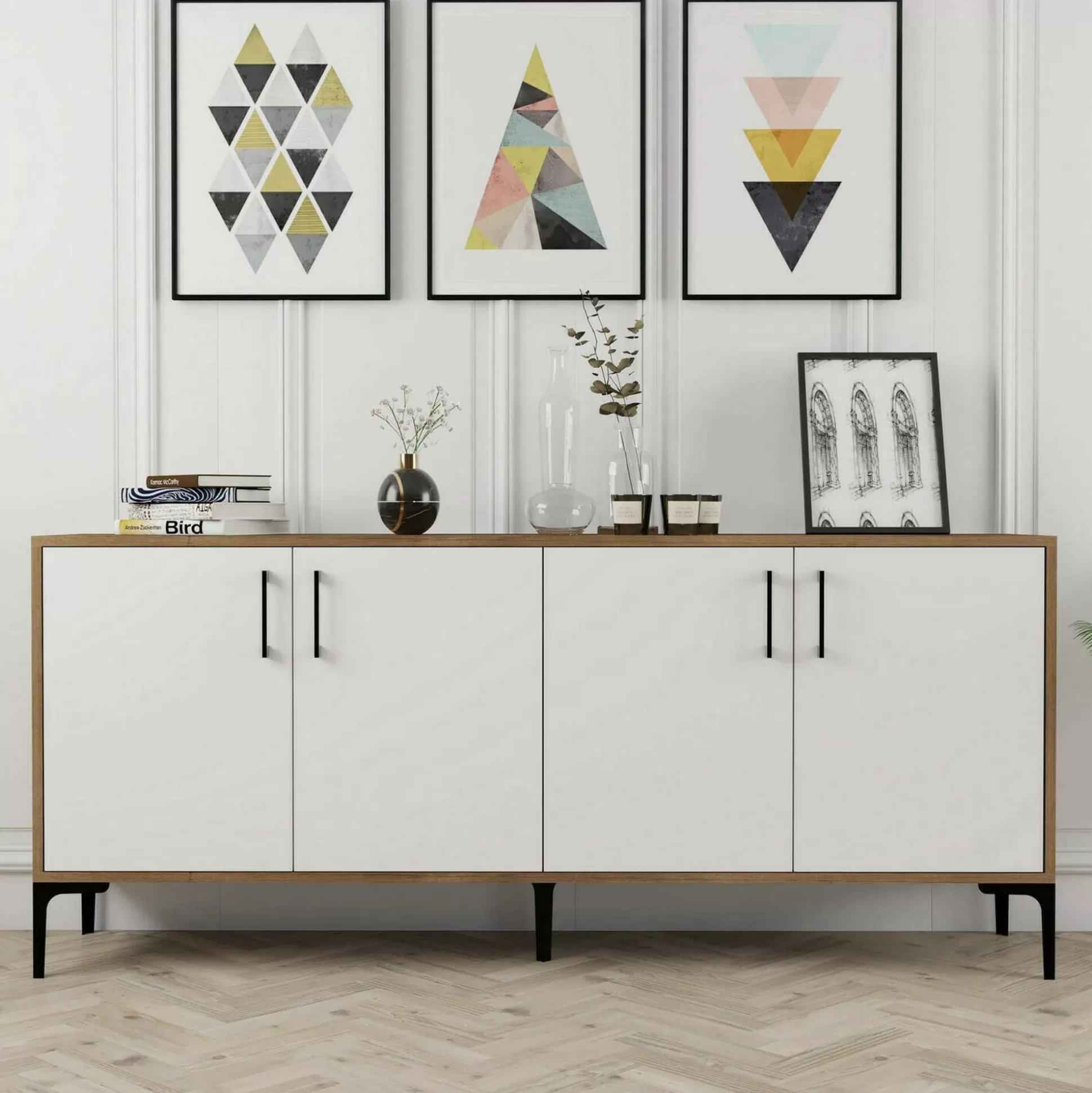 Dmora Credenze<Credenza Agape, 180x35h78 cm, Noce e Bianco