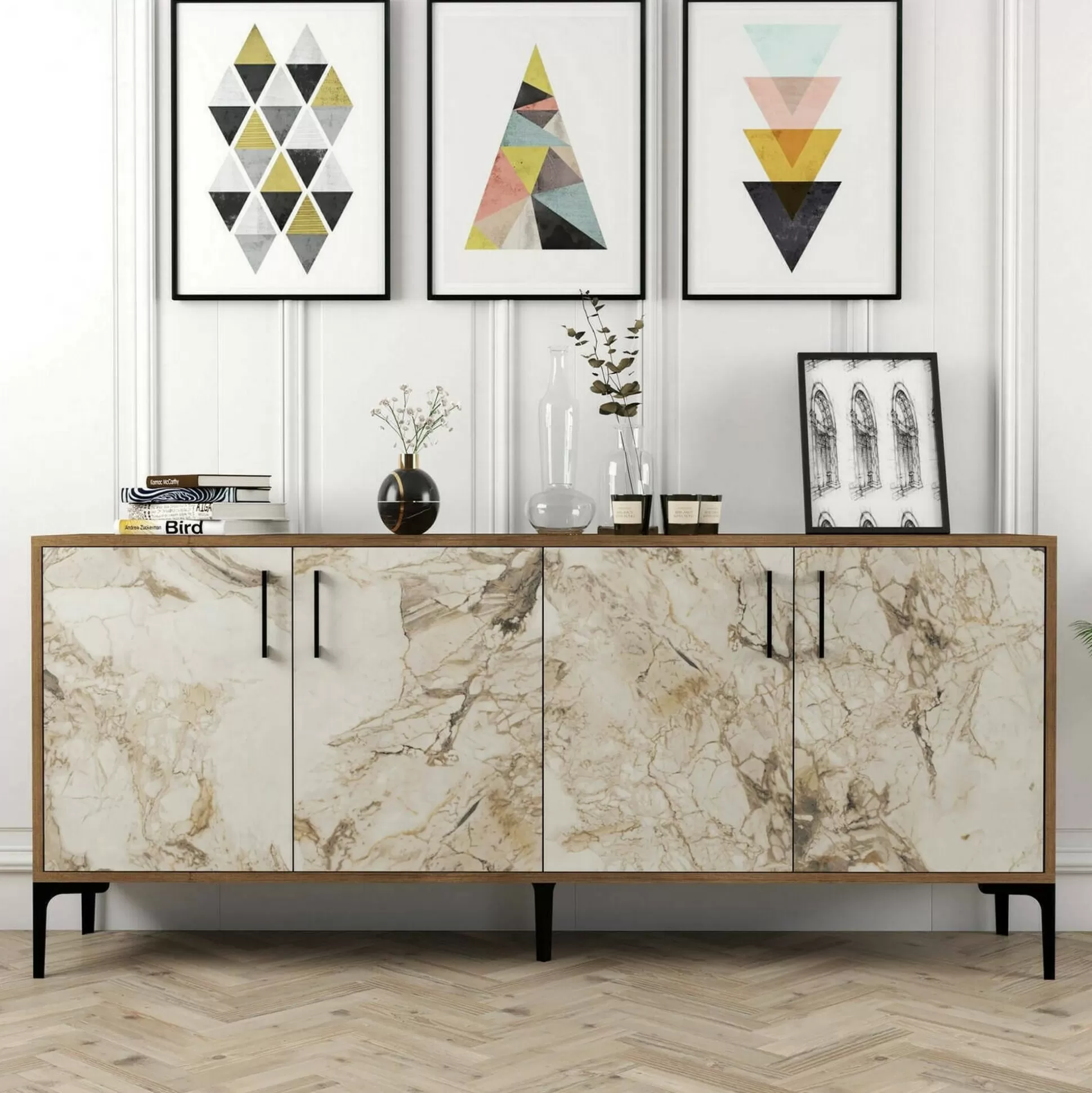 Dmora Credenze<Credenza Agape, 180x35h78 cm, Noce e Bianco Marmo