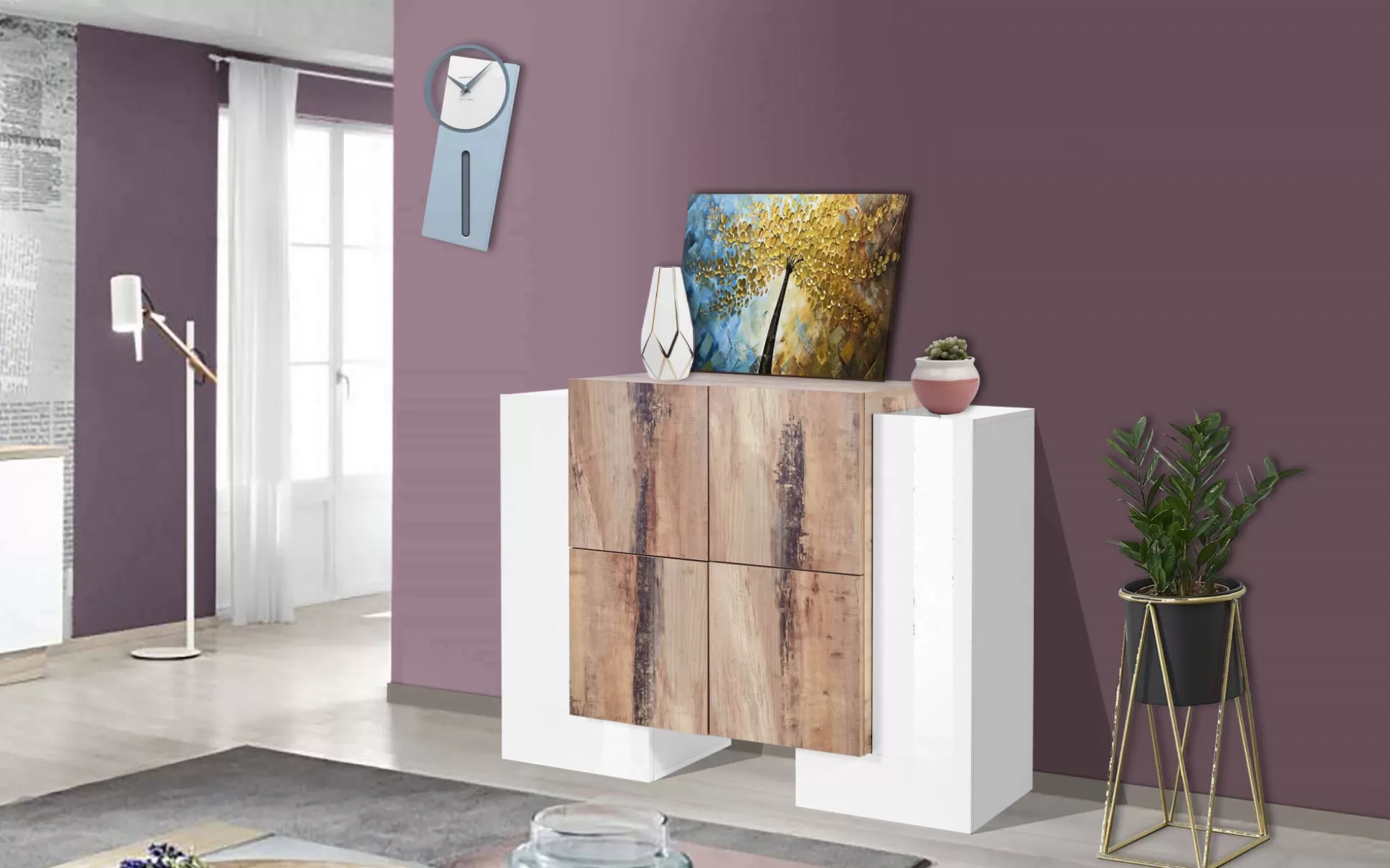Dmora Credenze<Credenza Age, cm 130x45h100, Bianco lucido e Acero