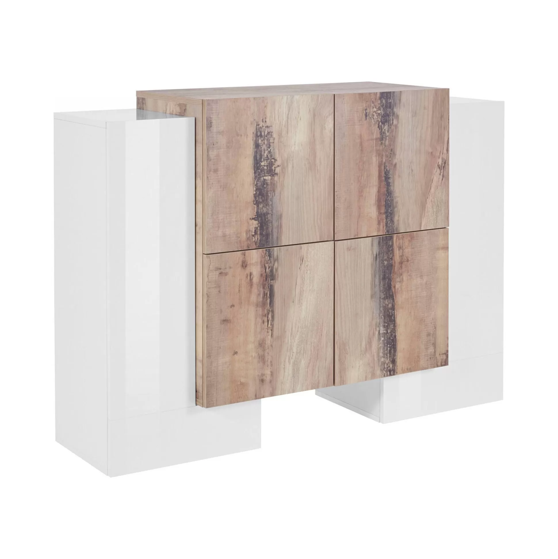 Dmora Credenze<Credenza Age, cm 130x45h100, Bianco lucido e Acero