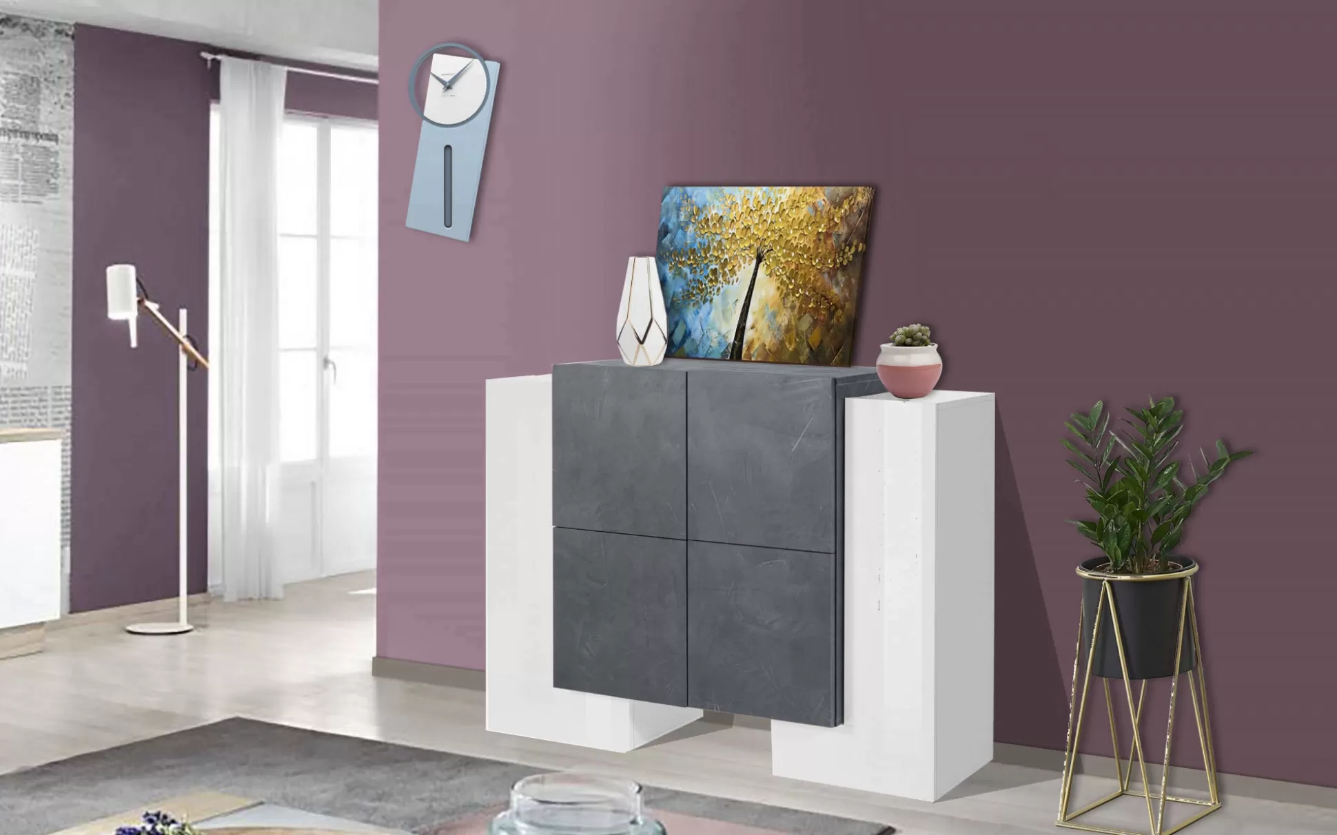 Dmora Credenze<Credenza Age, cm 130x45h100, Bianco lucido e Ardesia