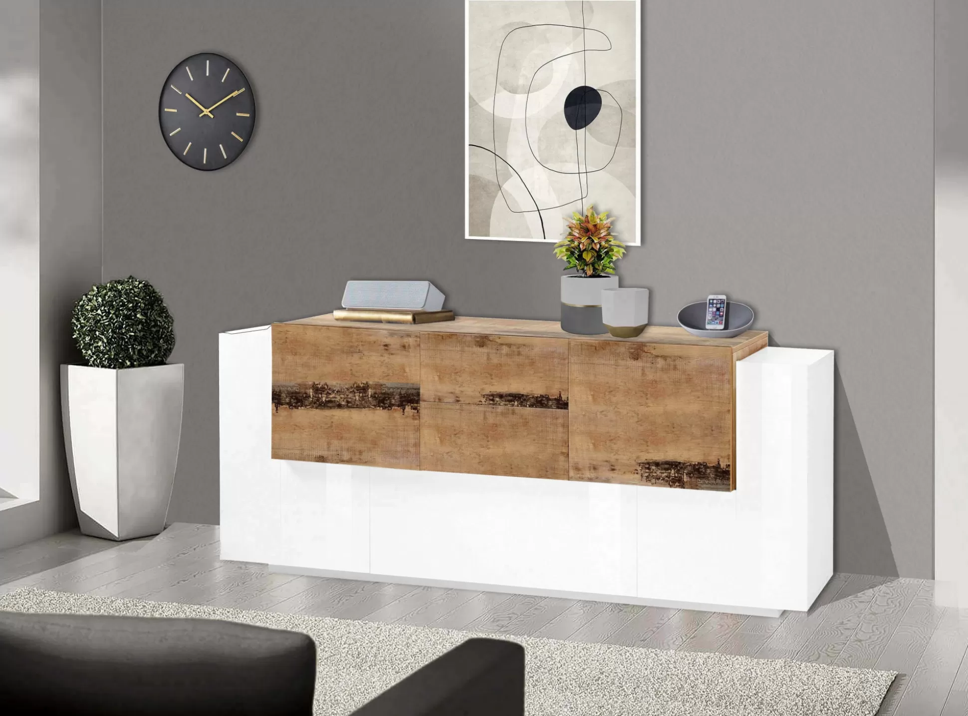 Dmora Credenze<Credenza Akirum, cm 220x45h86, Bianco lucido e Acero