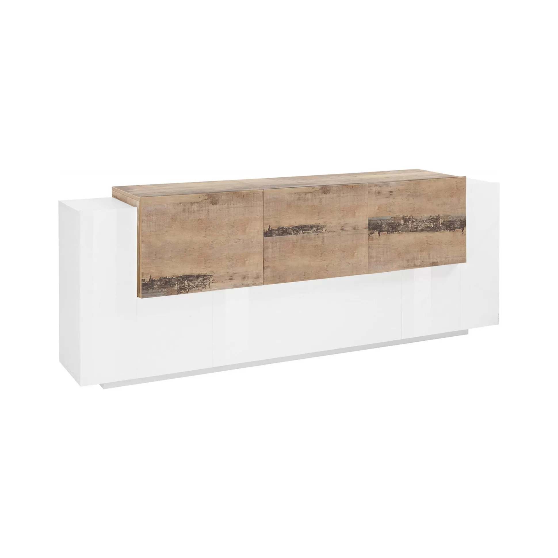 Dmora Credenze<Credenza Akirum, cm 220x45h86, Bianco lucido e Acero