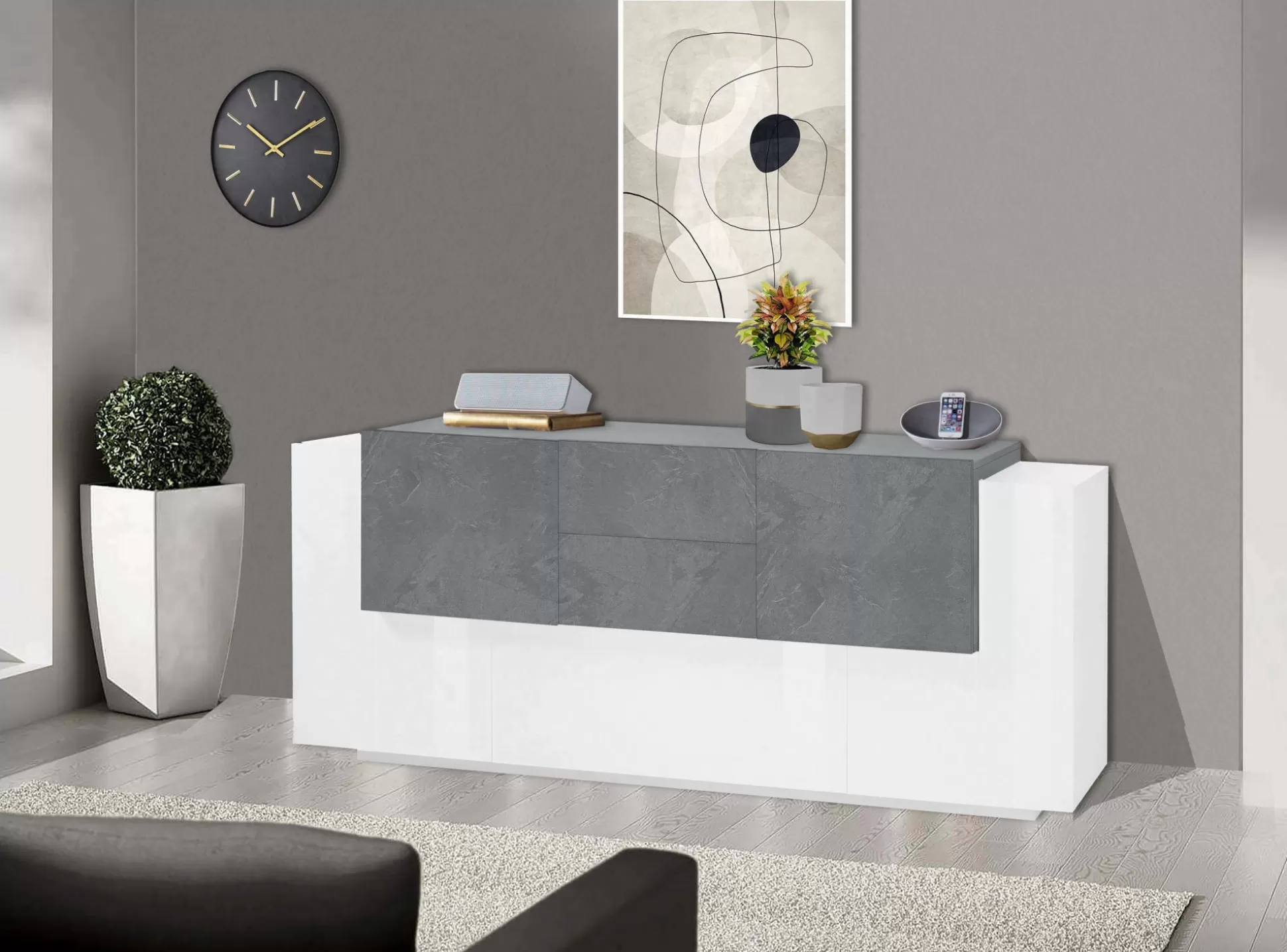 Dmora Credenze<Credenza Akirum, cm 220x45h86, Bianco lucido e Ardesia