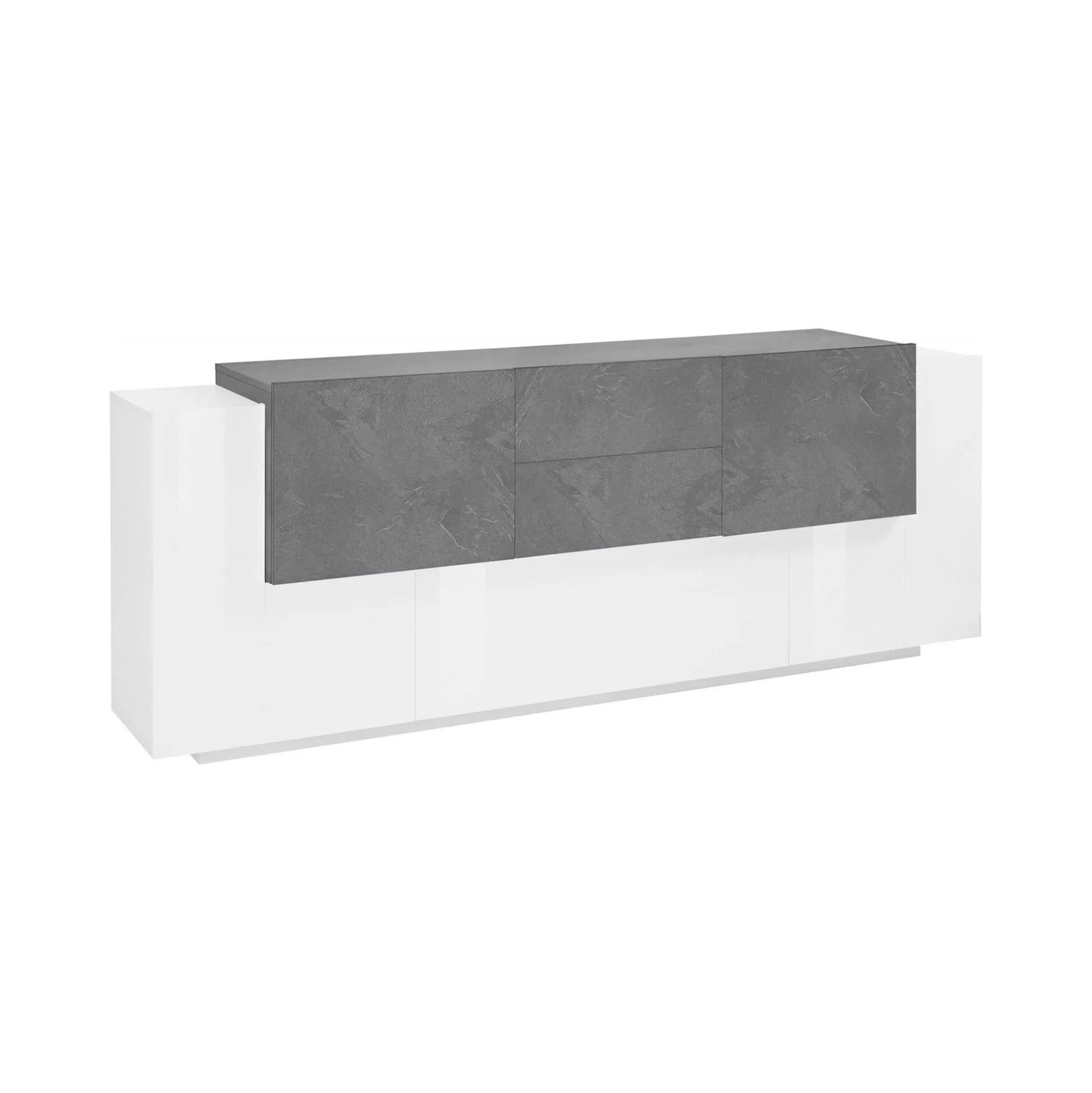 Dmora Credenze<Credenza Akirum, cm 220x45h86, Bianco lucido e Ardesia