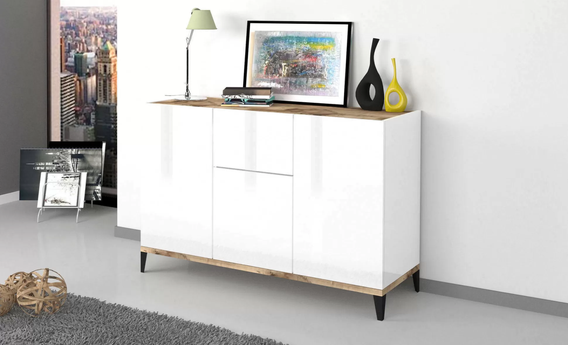 Dmora Credenze<Credenza Albatross, cm 120x40h82, Bianco lucido e Acero