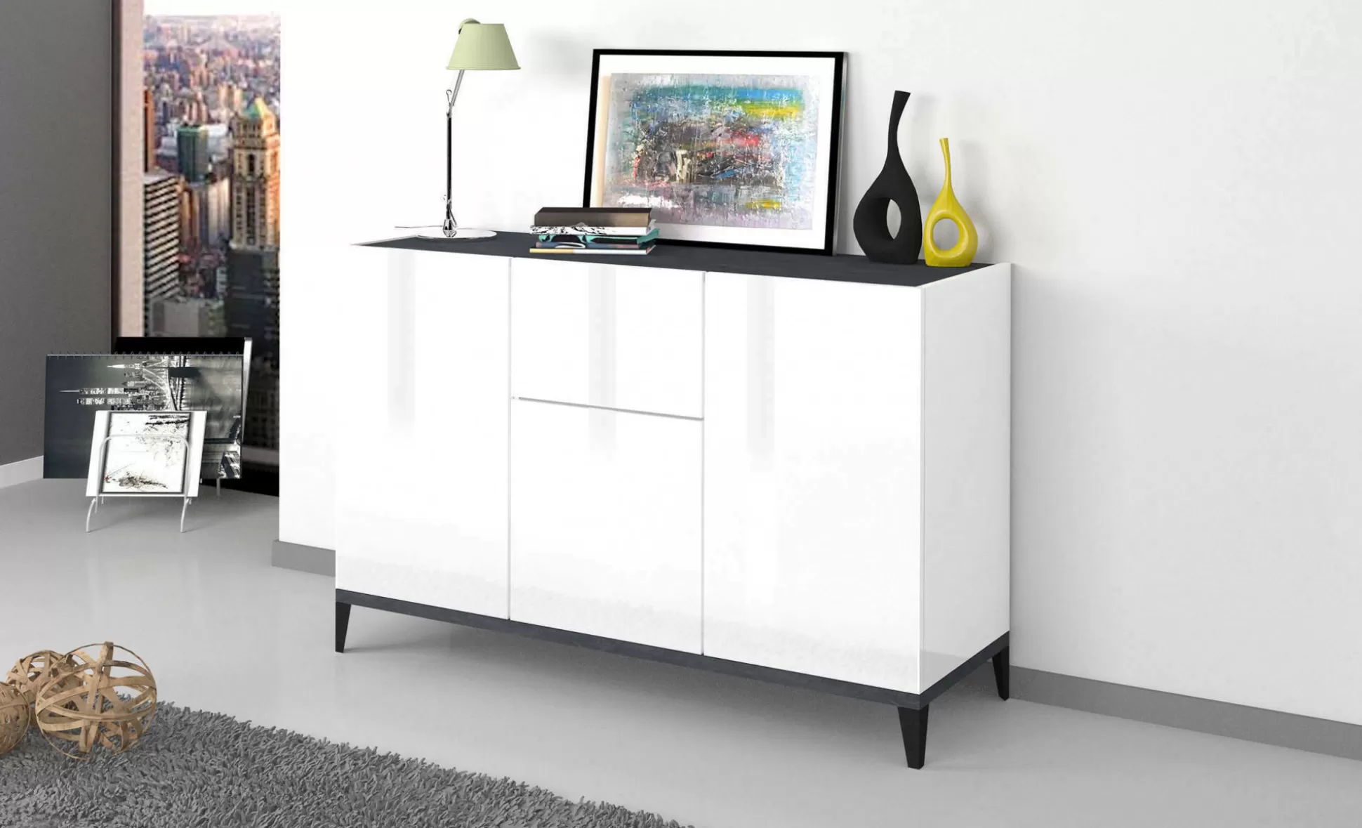 Dmora Credenze<Credenza Albatross, cm 120x40h82, Bianco lucido e Ardesia