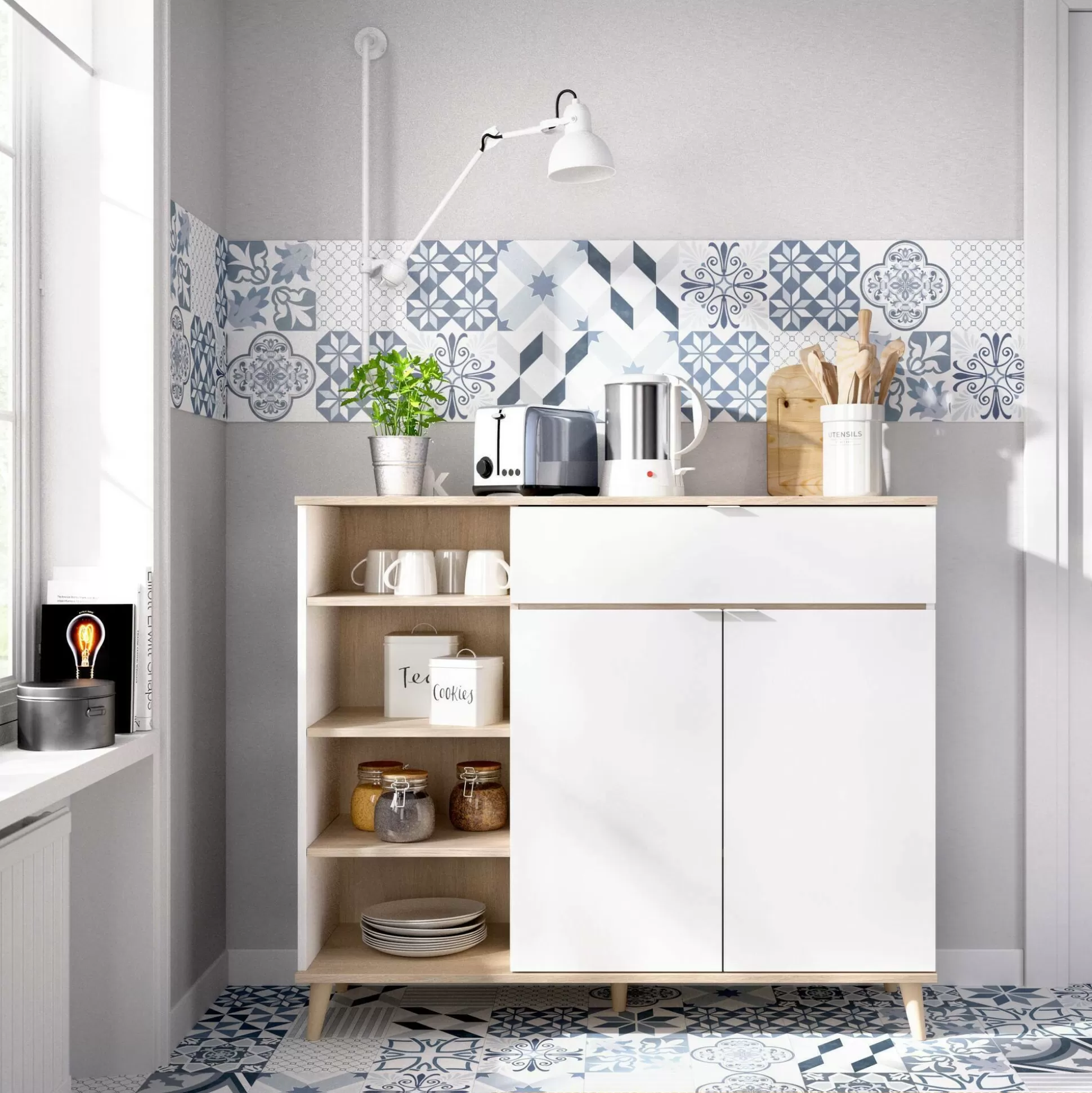 Dmora Credenze<Credenza Aleandro, 120x40h102 cm, Bianco e Rovere