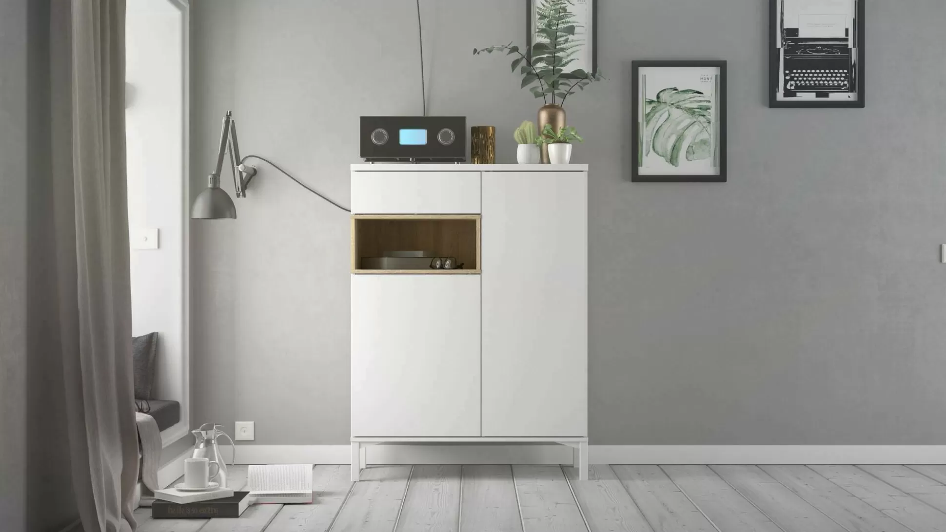 Dmora Credenze<Credenza Alfra, 89x36 h119 cm, Bianco e Quercia