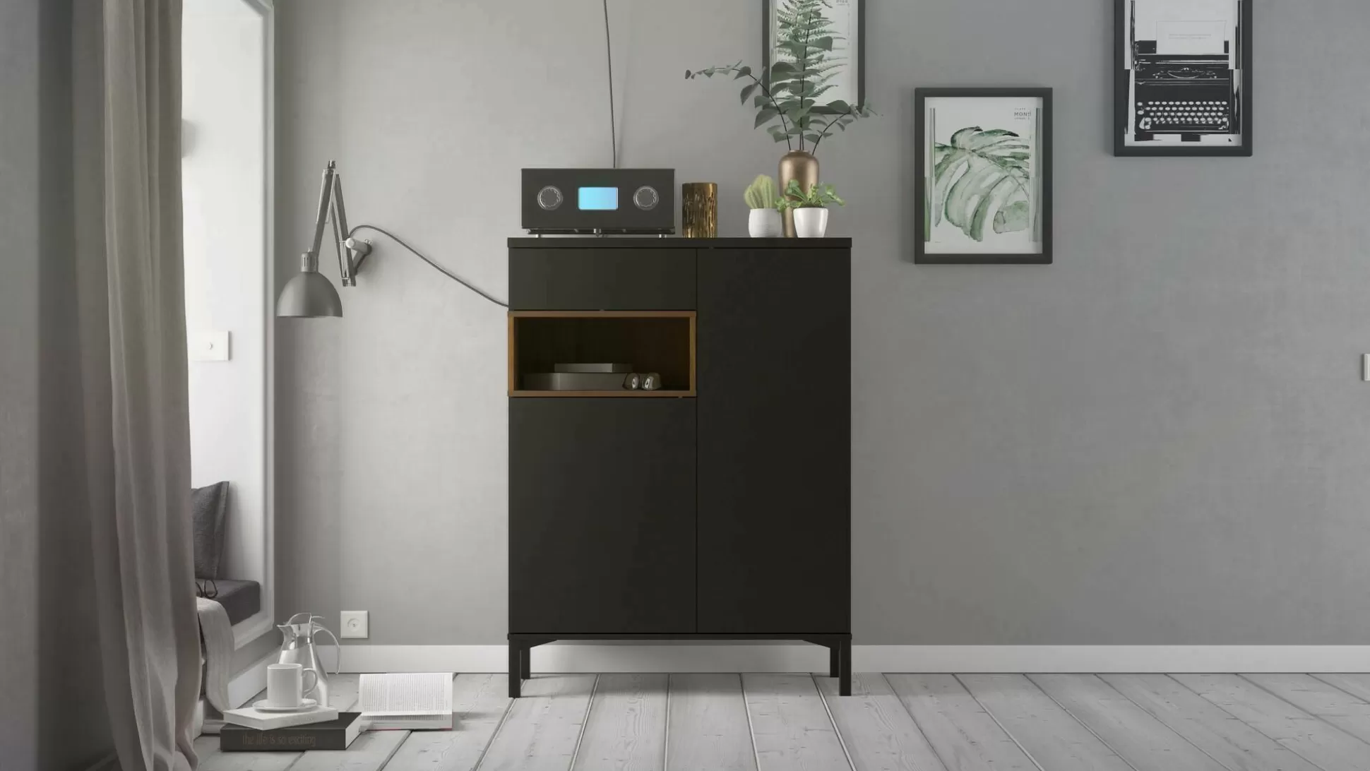 Dmora Credenze<Credenza Alfra, 89x36 h119 cm, Nero e Noce