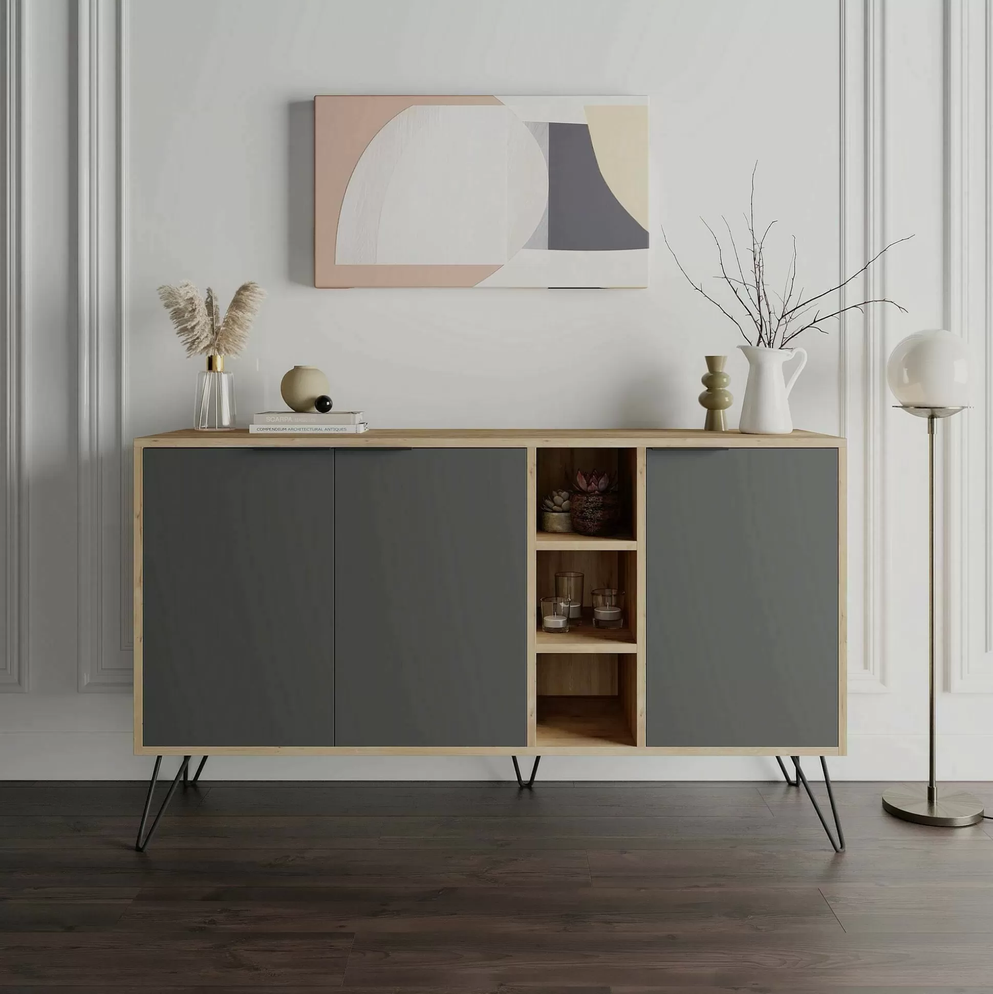 Dmora Credenze<Credenza Alin, 142x36h83 cm, Quercia e Antracite