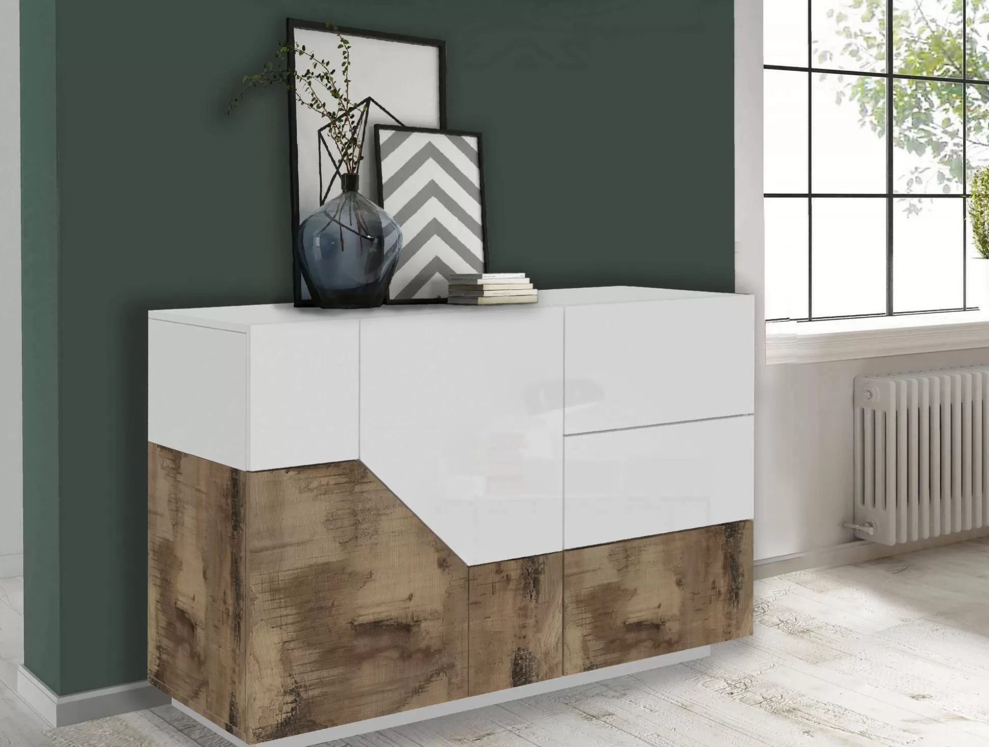 Dmora Credenze<Credenza All, cm 141x43h86, Bianco lucido e Acero