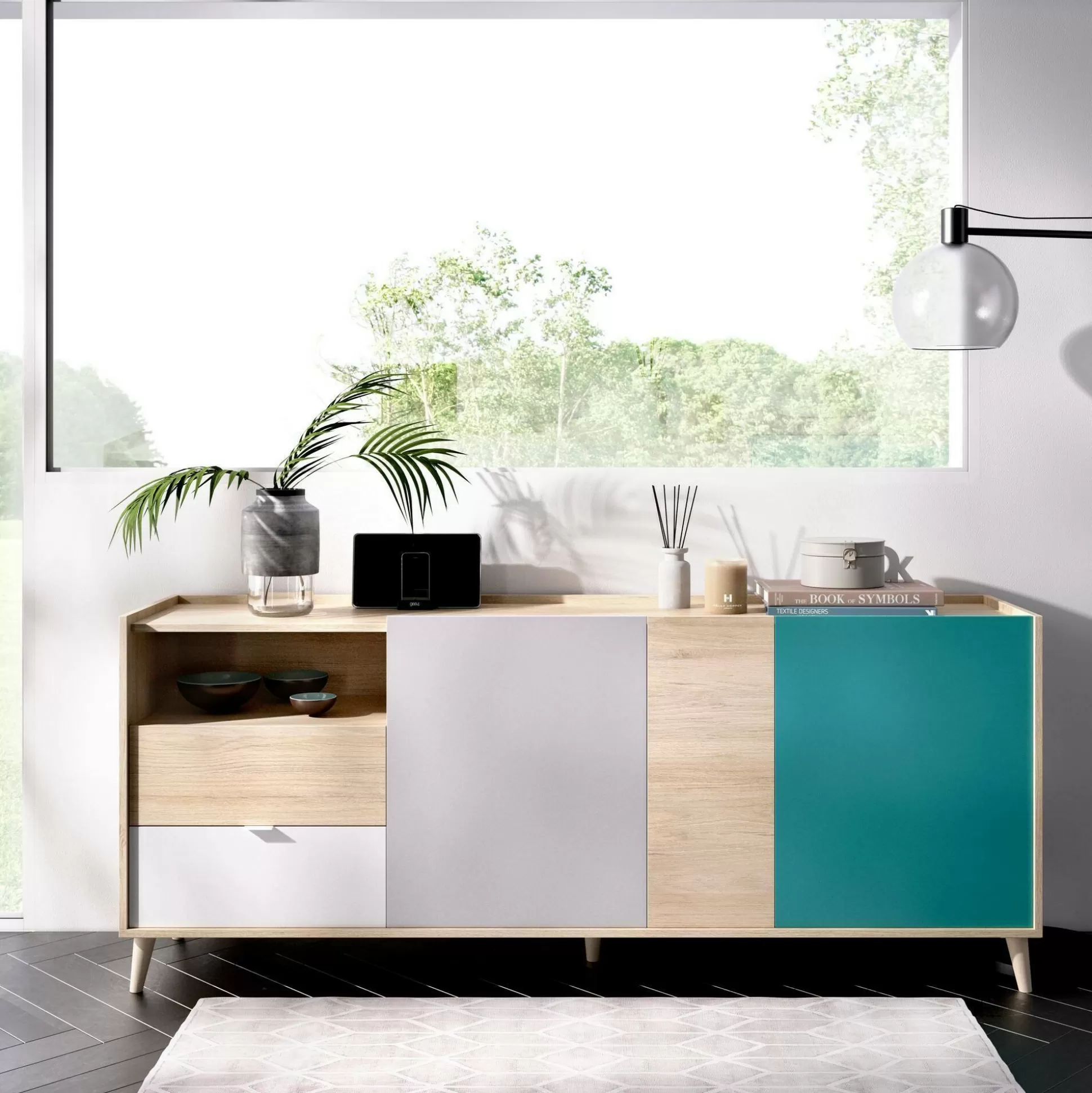 Dmora Credenze<Credenza Allie, 180x43h75 cm, Rovere e Grigio