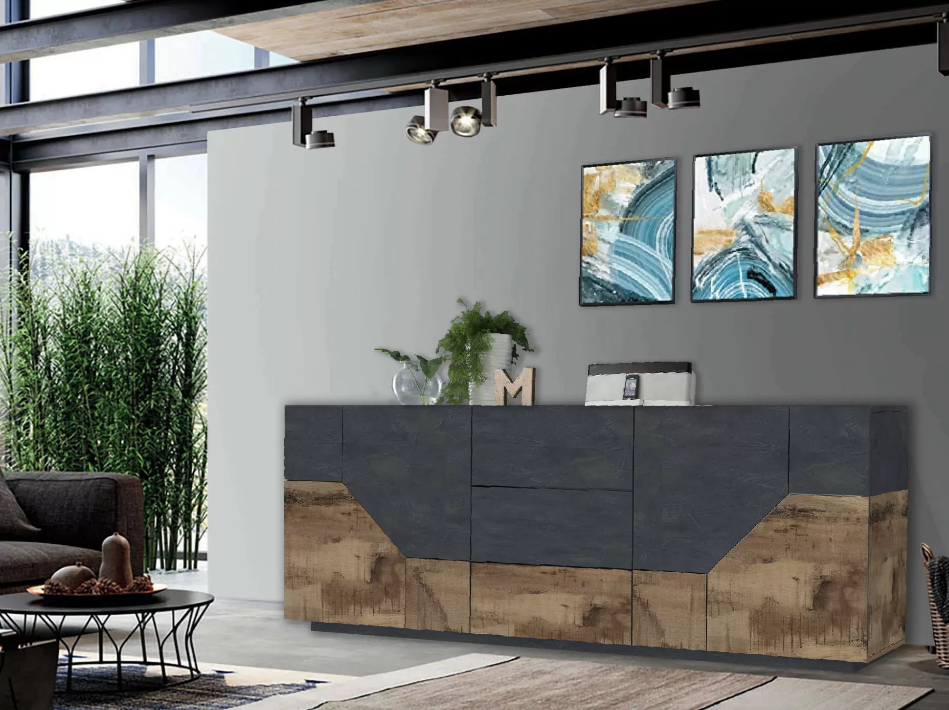 Dmora Credenze<Credenza Almira, cm 220x43h86, Ardesia e Acero