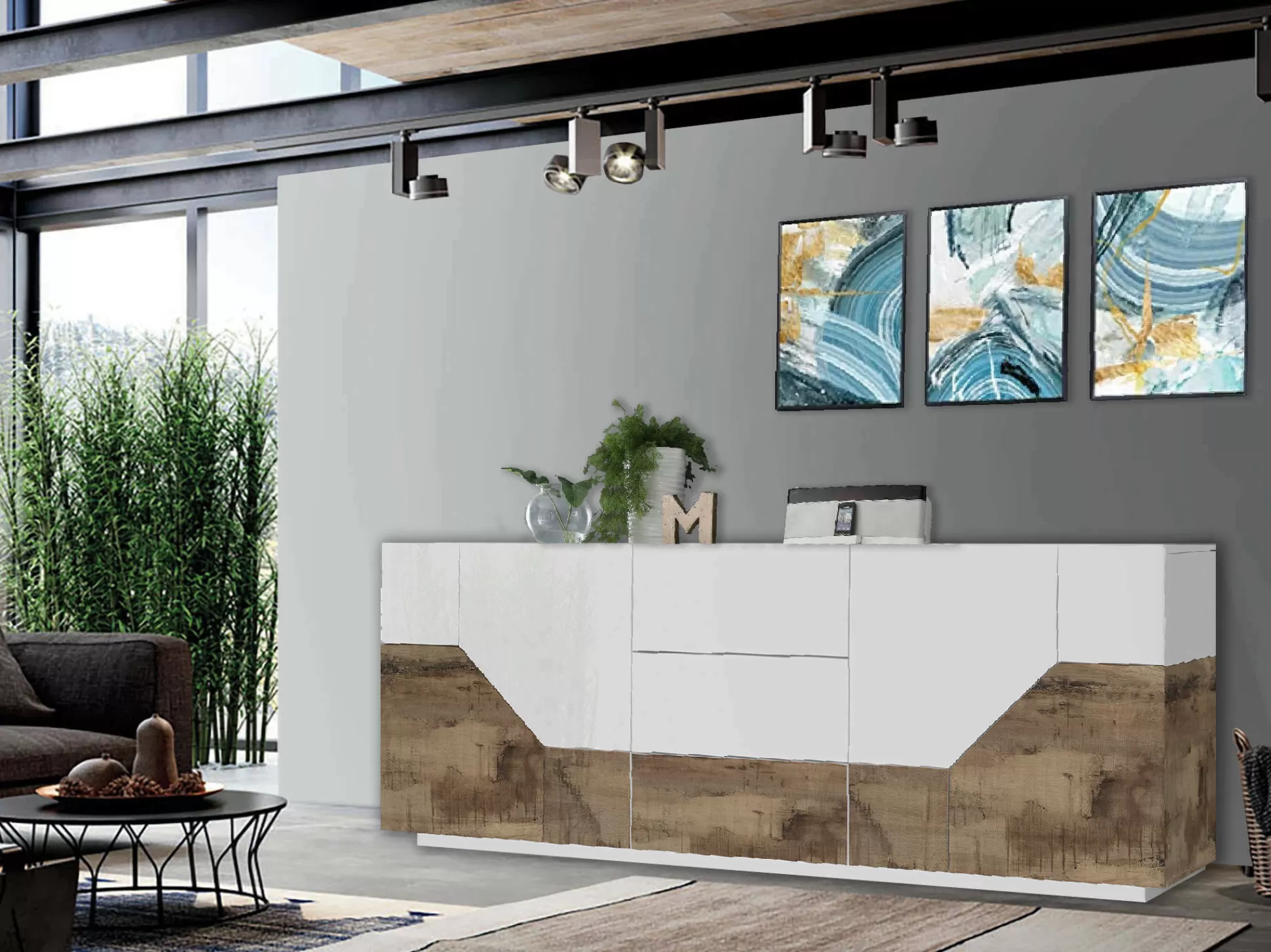 Dmora Credenze<Credenza Almira, cm 220x43h86, Bianco lucido e Acero