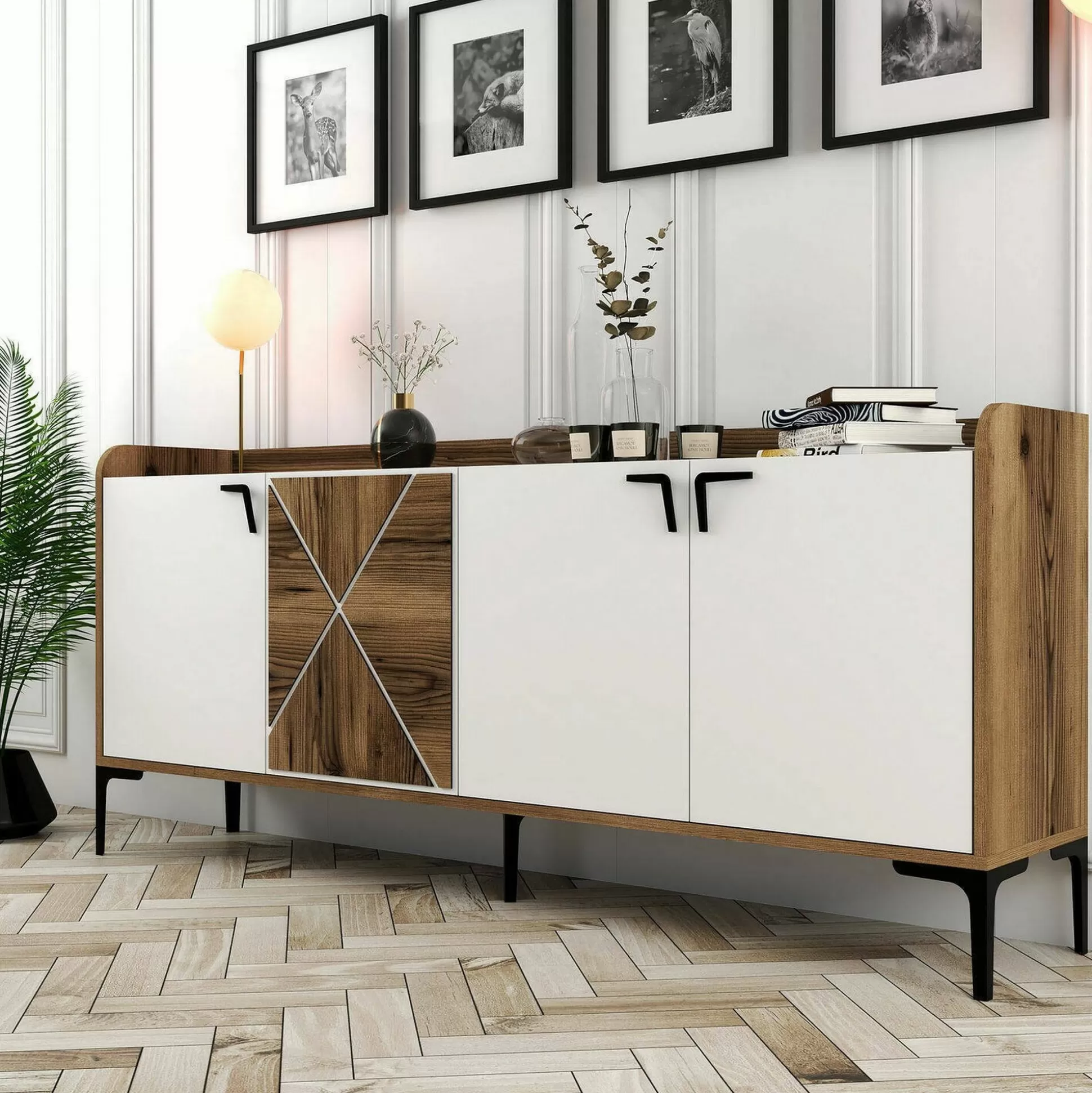 Dmora Credenze<Credenza Also, 180x35h78 cm, Noce e Bianco