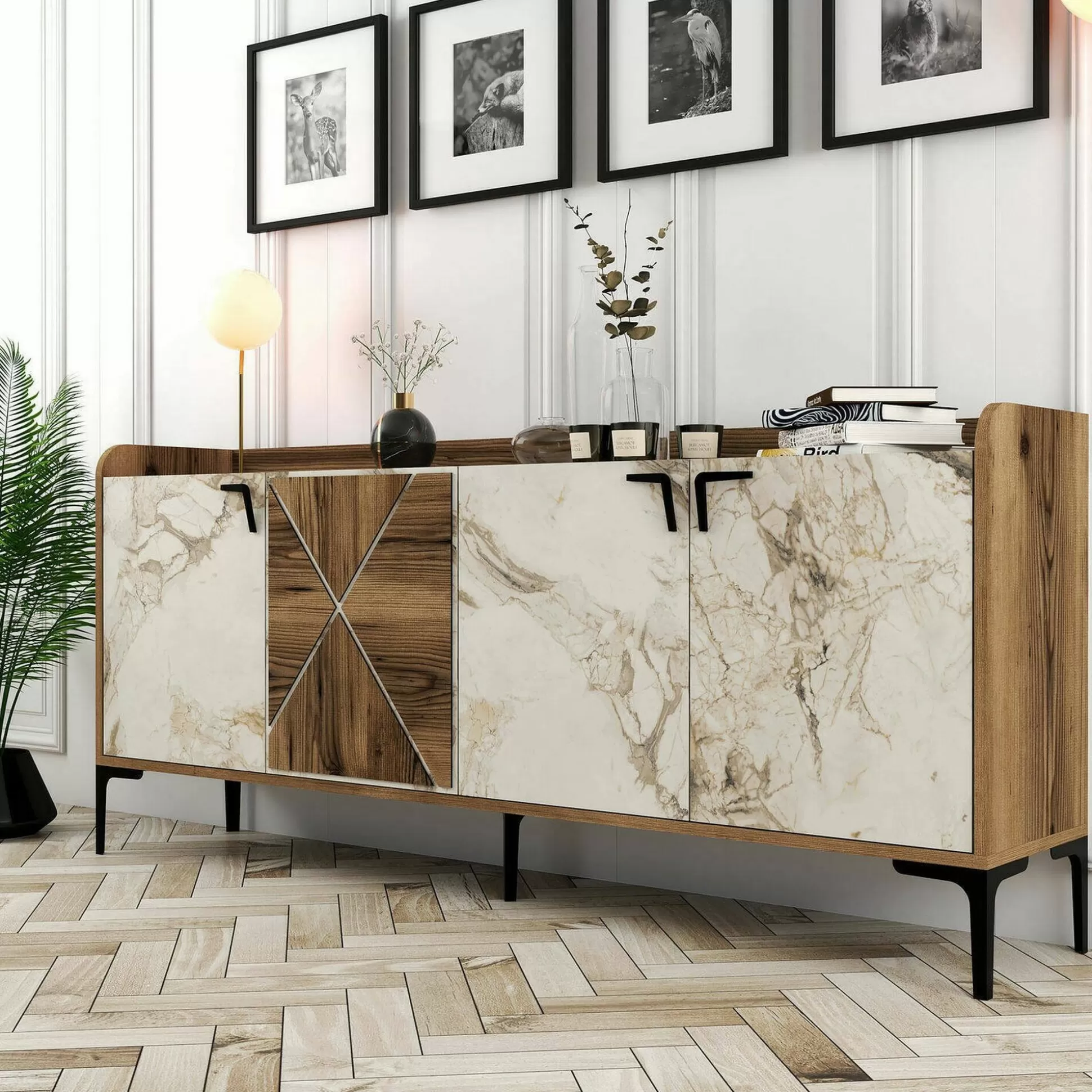 Dmora Credenze<Credenza Also, 180x35h78 cm, Noce e Bianco Marmo