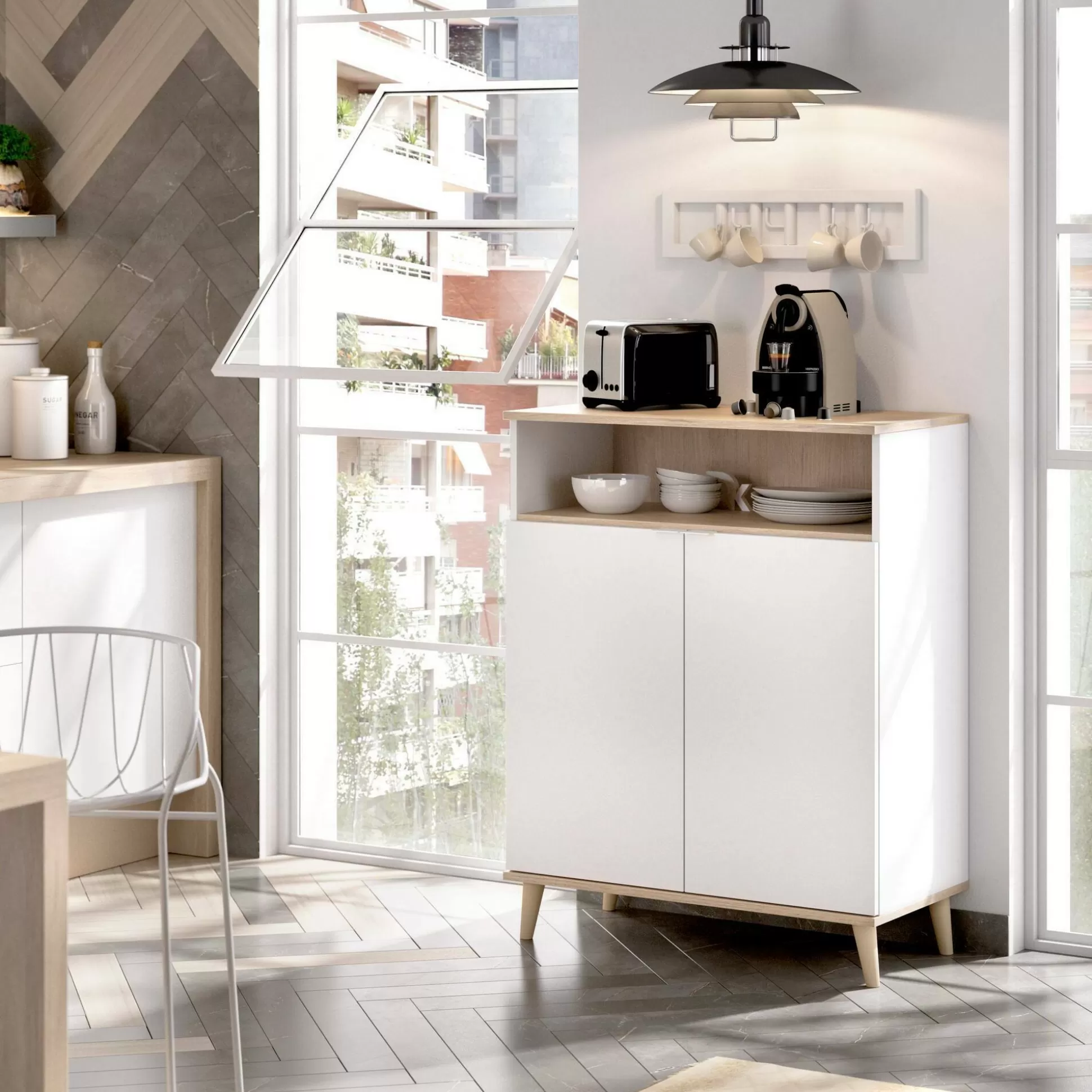 Dmora Credenze<Credenza Altai, 80x40h102 cm, Bianco e Rovere
