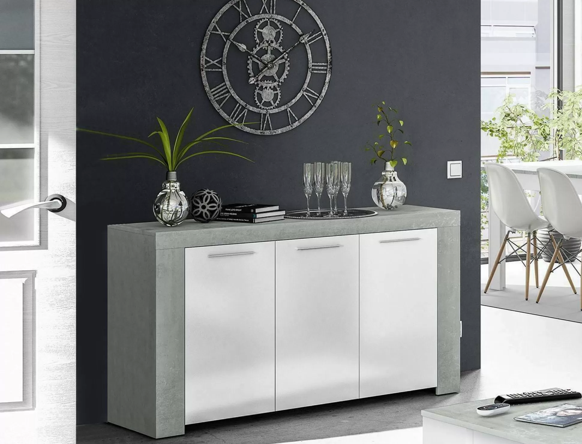 Dmora Credenze<Credenza Amaculi, 144x42h80 cm, Cemento e Bianco