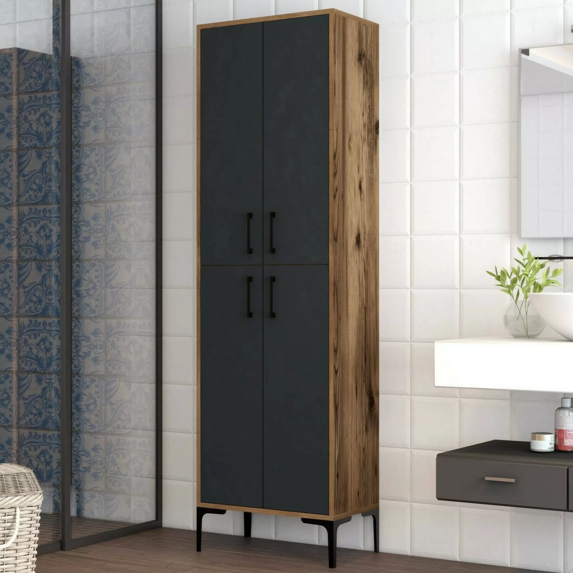 Dmora Credenze<Credenza Amata, 60x35h200 cm, Noce e Antracite