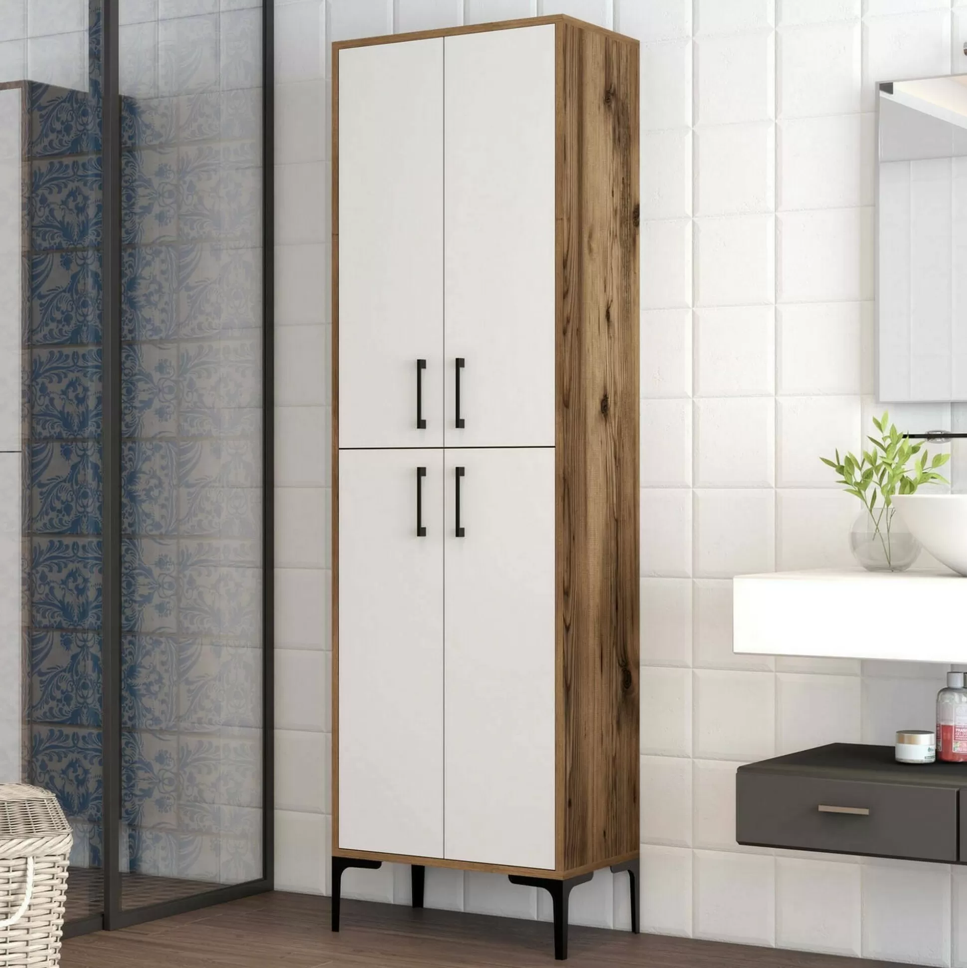 Dmora Credenze<Credenza Amata, 60x35h200 cm, Noce e Bianco