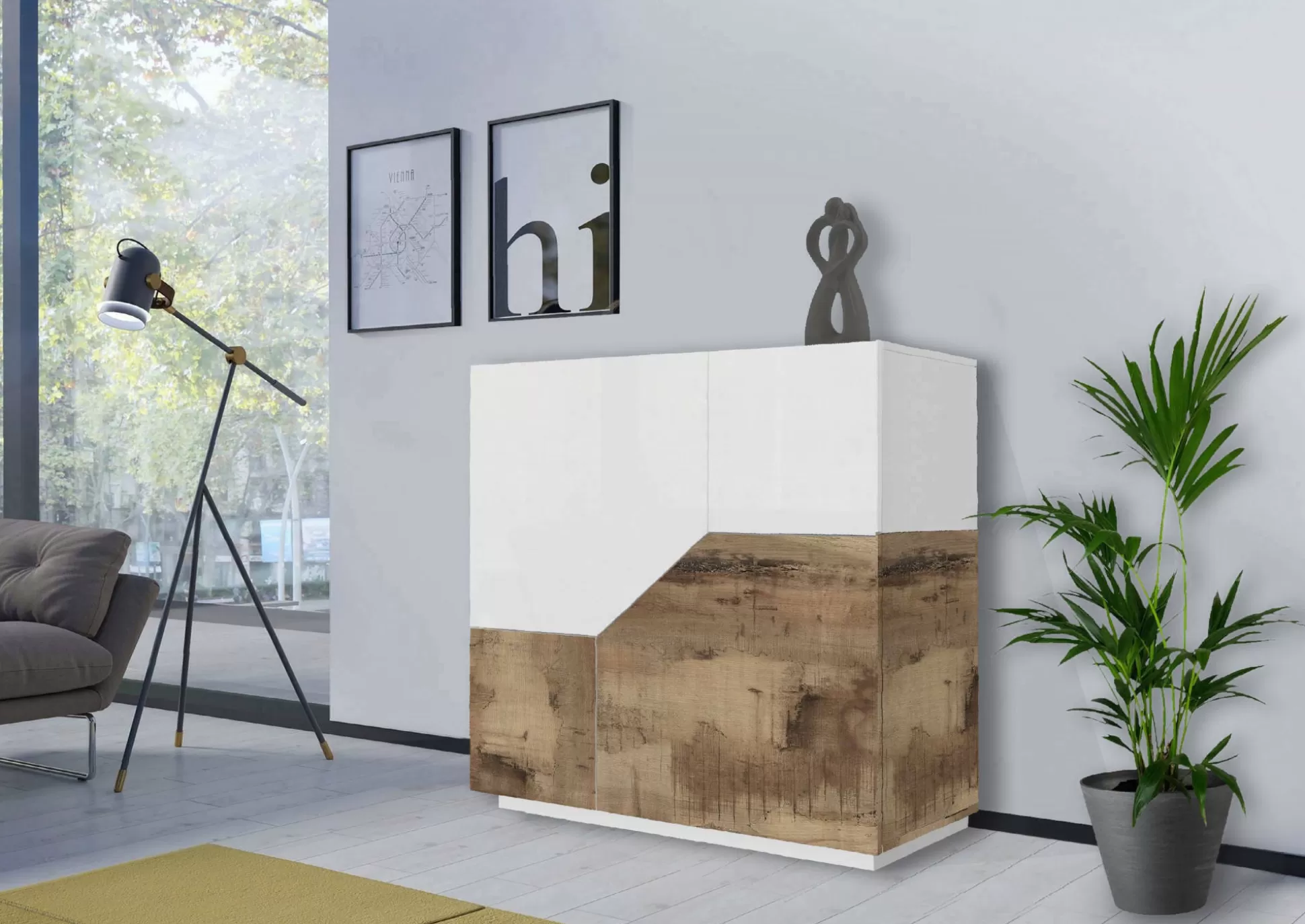 Dmora Credenze<Credenza Amento, cm 79x43h86, Bianco lucido e Acero