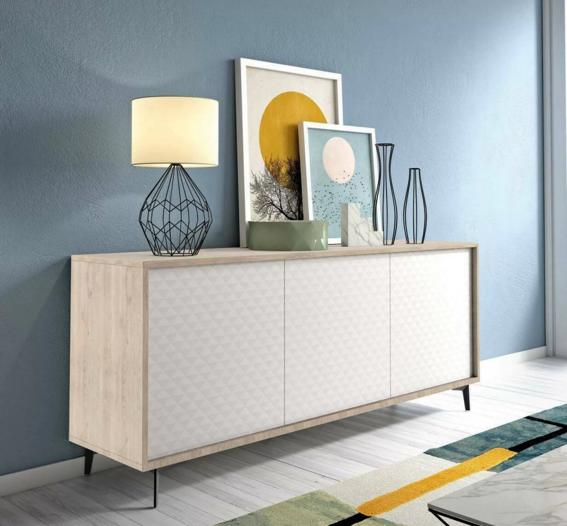 Dmora Credenze<Credenza Aminda, 184x45h77 cm, Bianco e Rovere
