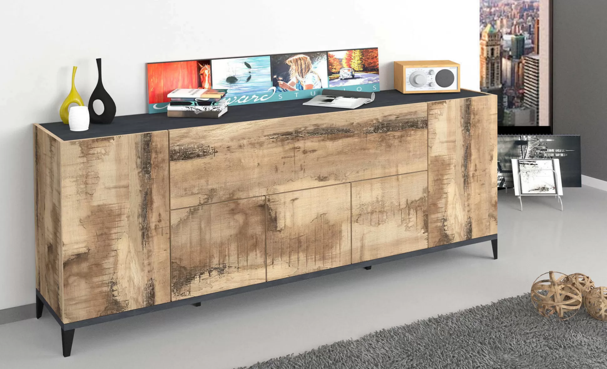 Dmora Credenze<Credenza Amour, cm 200x40h82, Ardesia e Acero