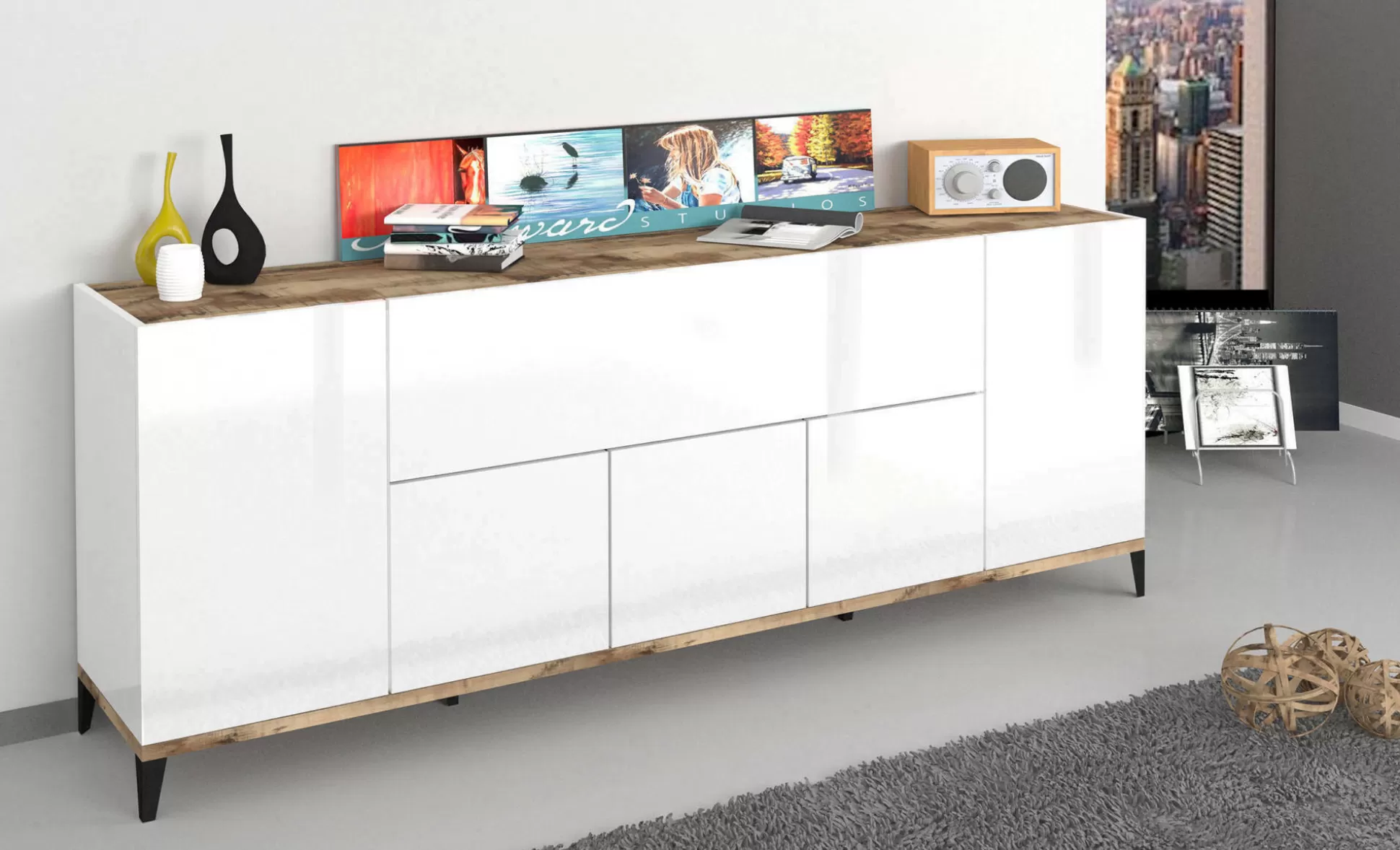 Dmora Credenze<Credenza Amour, cm 200x40h82, Bianco lucido e Acero