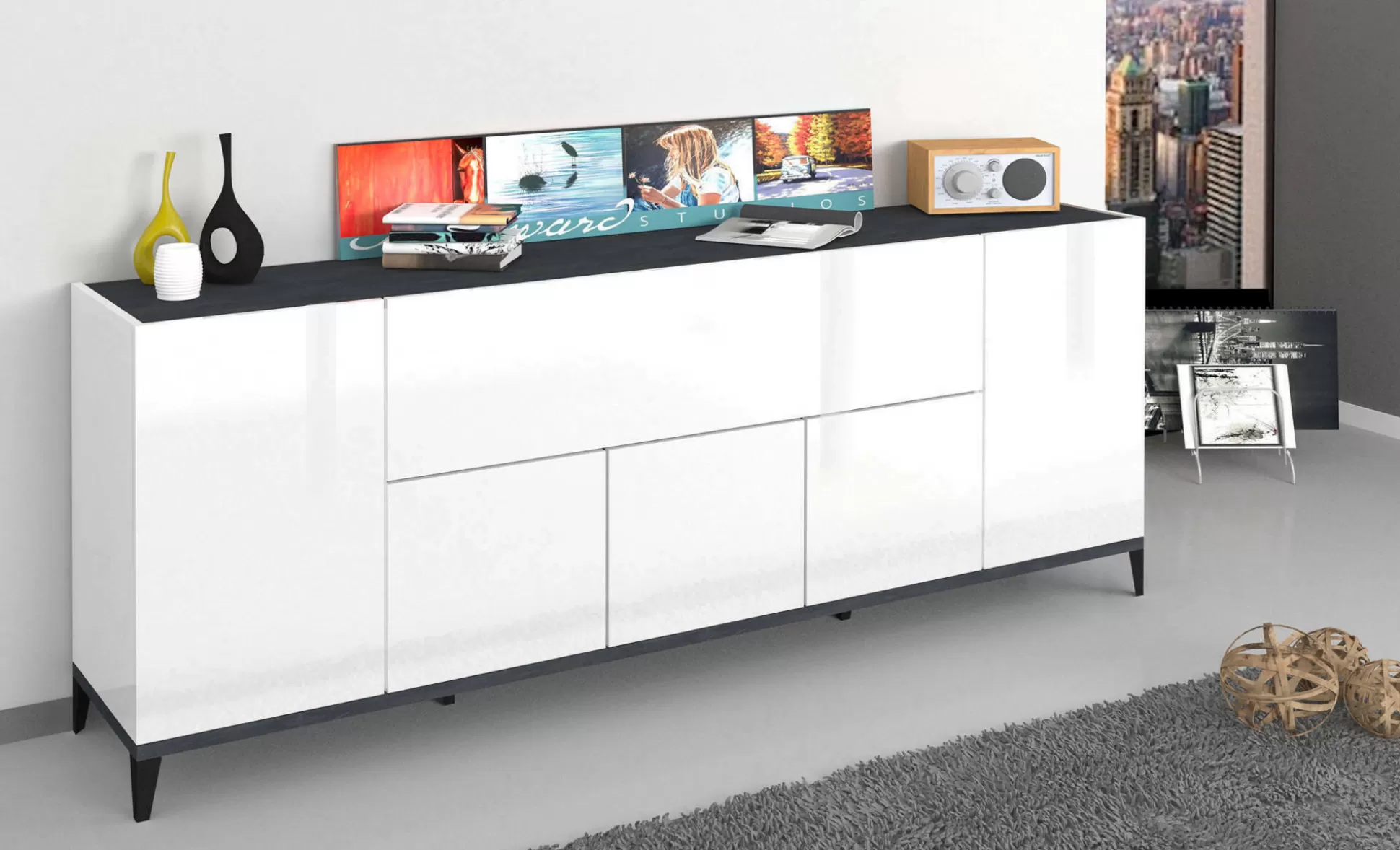 Dmora Credenze<Credenza Amour, cm 200x40h82, Bianco lucido e Ardesia