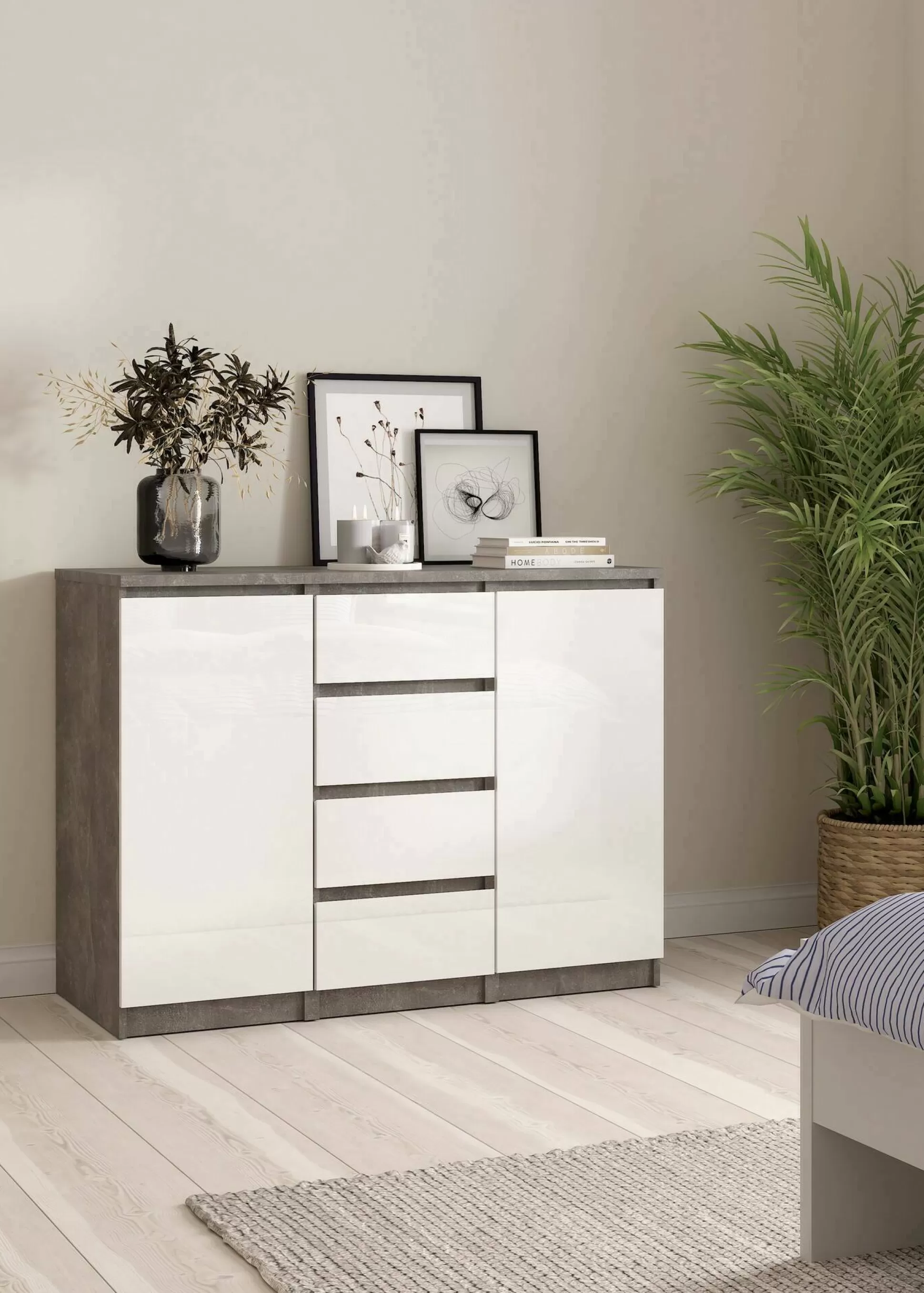 Dmora Credenze<Credenza Angelika, 50x121 h91 cm, Cemento e Bianco