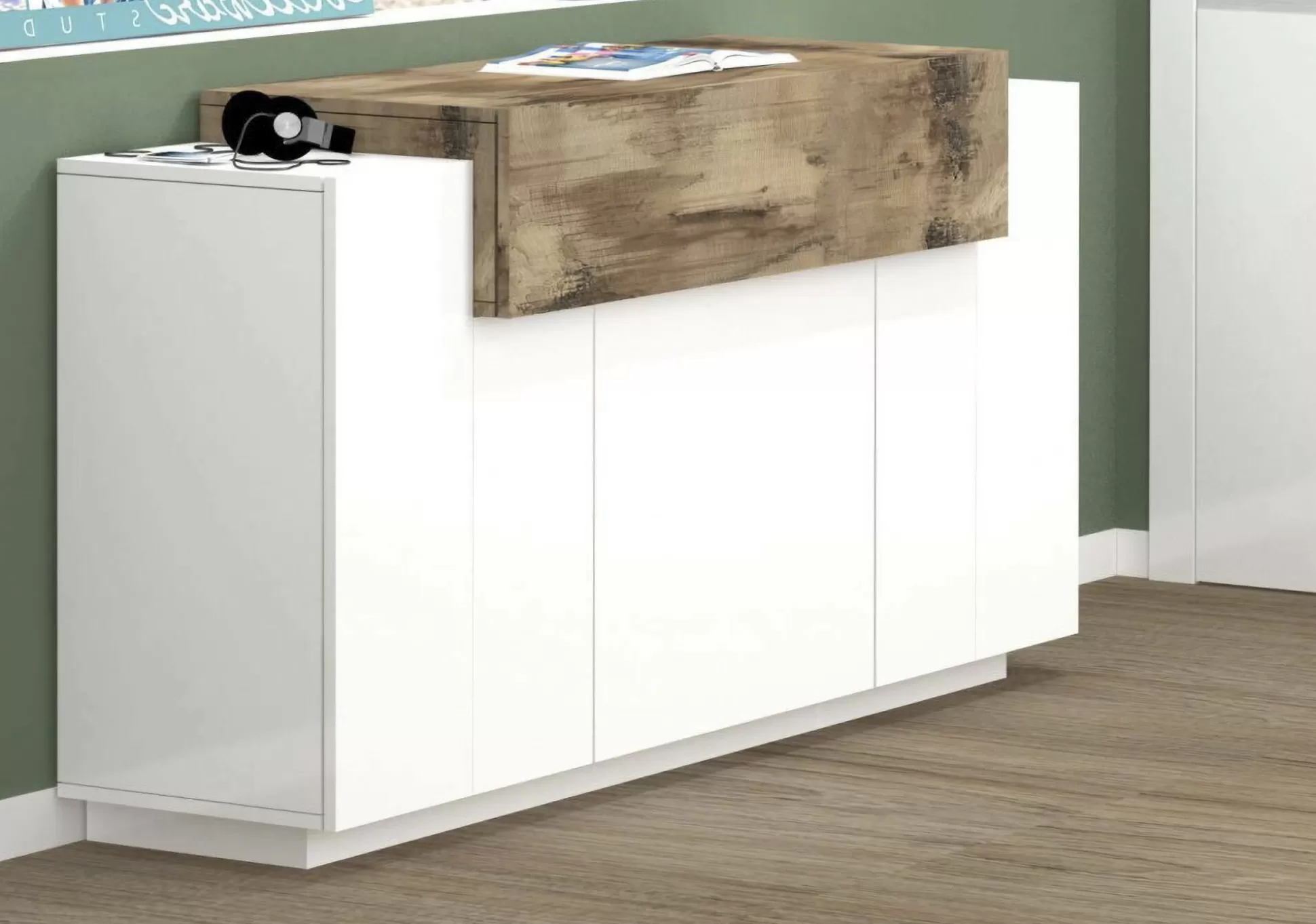 Dmora Credenze<Credenza Angelis, cm 140x45h86, Bianco lucido e Acero