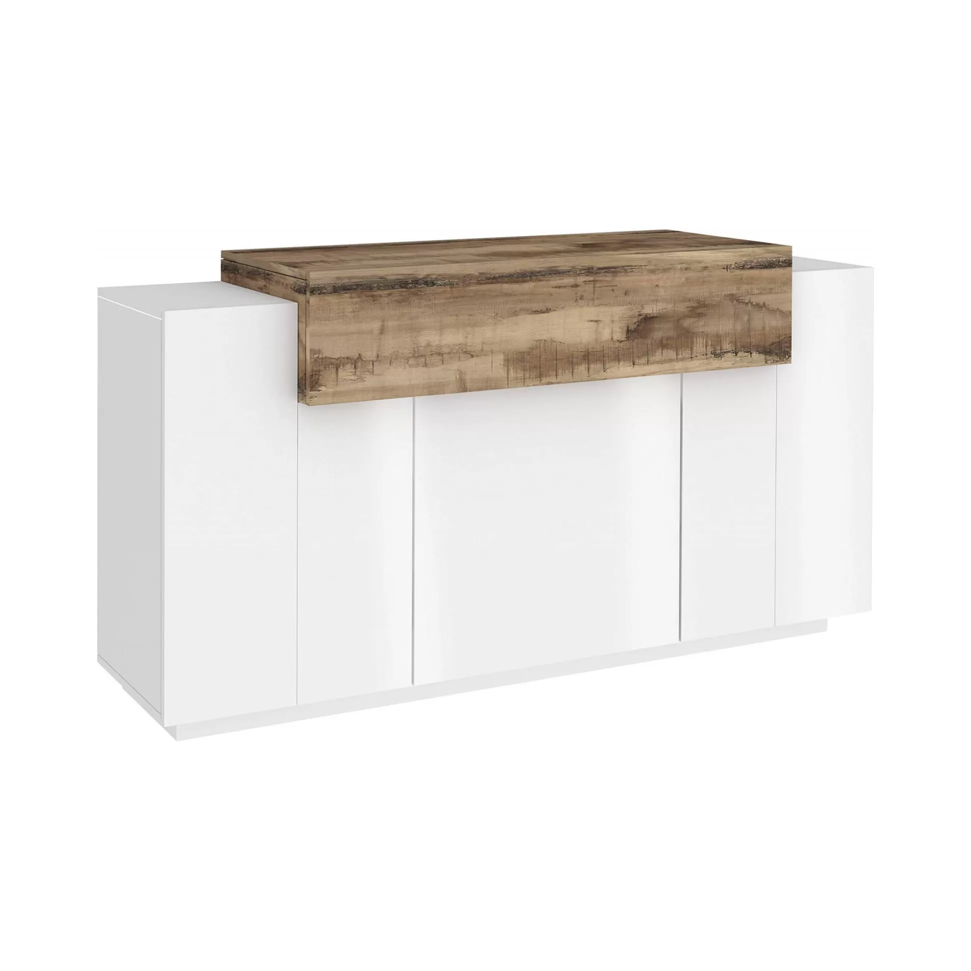 Dmora Credenze<Credenza Angelis, cm 140x45h86, Bianco lucido e Acero