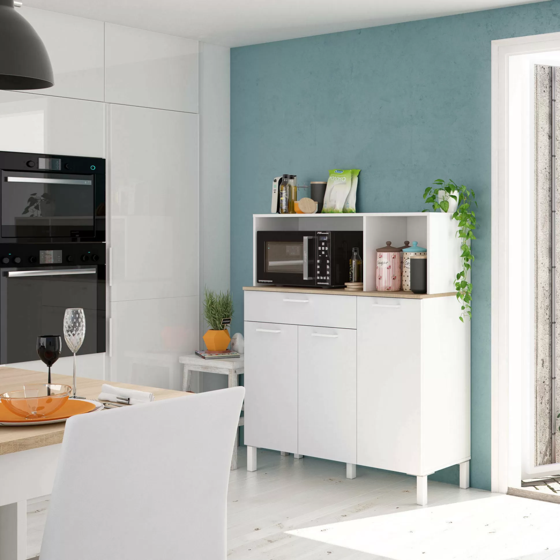 Dmora Credenze<Credenza Angstrom, 108x40h126 cm, Bianco e Rovere
