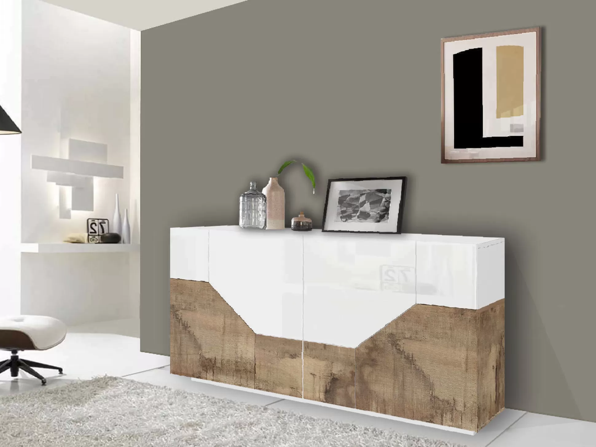 Dmora Credenze<Credenza Ania, cm 200x43h86, Bianco lucido e Acero