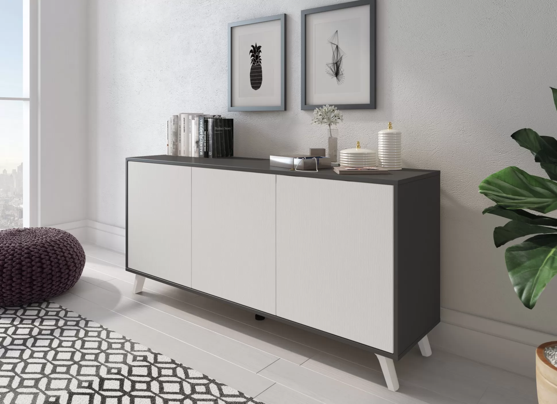 Dmora Credenze<Credenza Annina, 154x40h72 cm, Antracite e Bianco