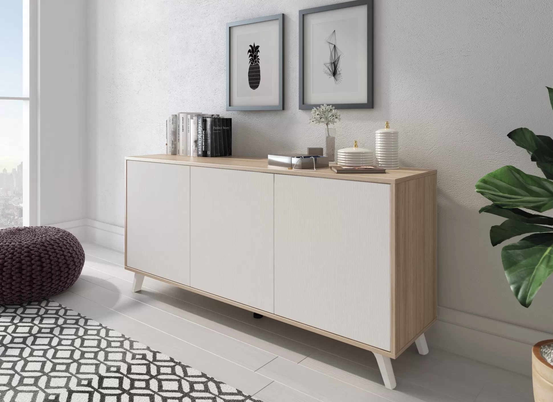 Dmora Credenze<Credenza Annina, 154x40h72 cm, Rovere e Bianco