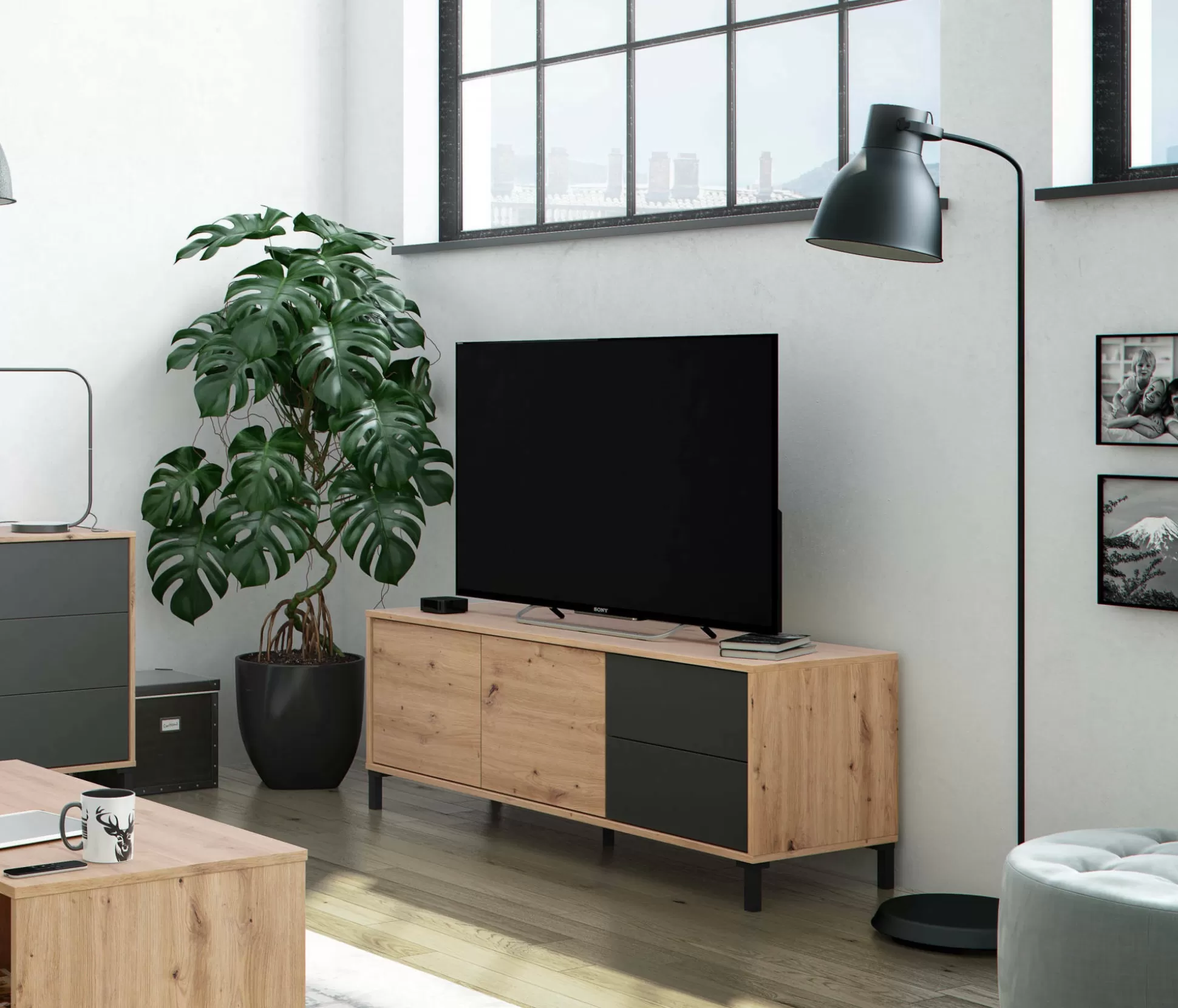 Dmora Credenze<Credenza Anora, 130x41h47 cm, Rovere nodi e Antracite