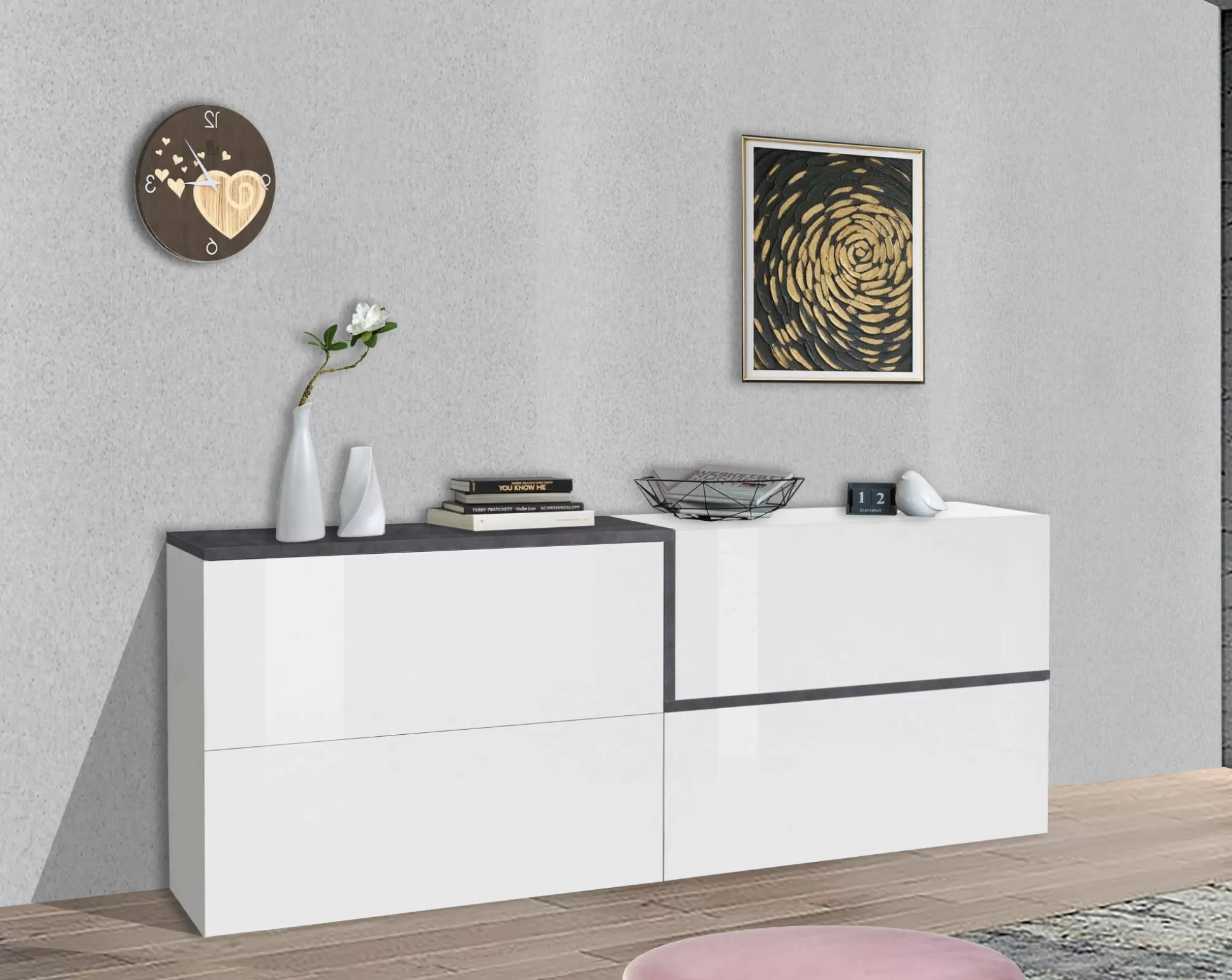 Dmora Credenze<Credenza Anubi, cm 210x40h80, Bianco lucido e Ardesia