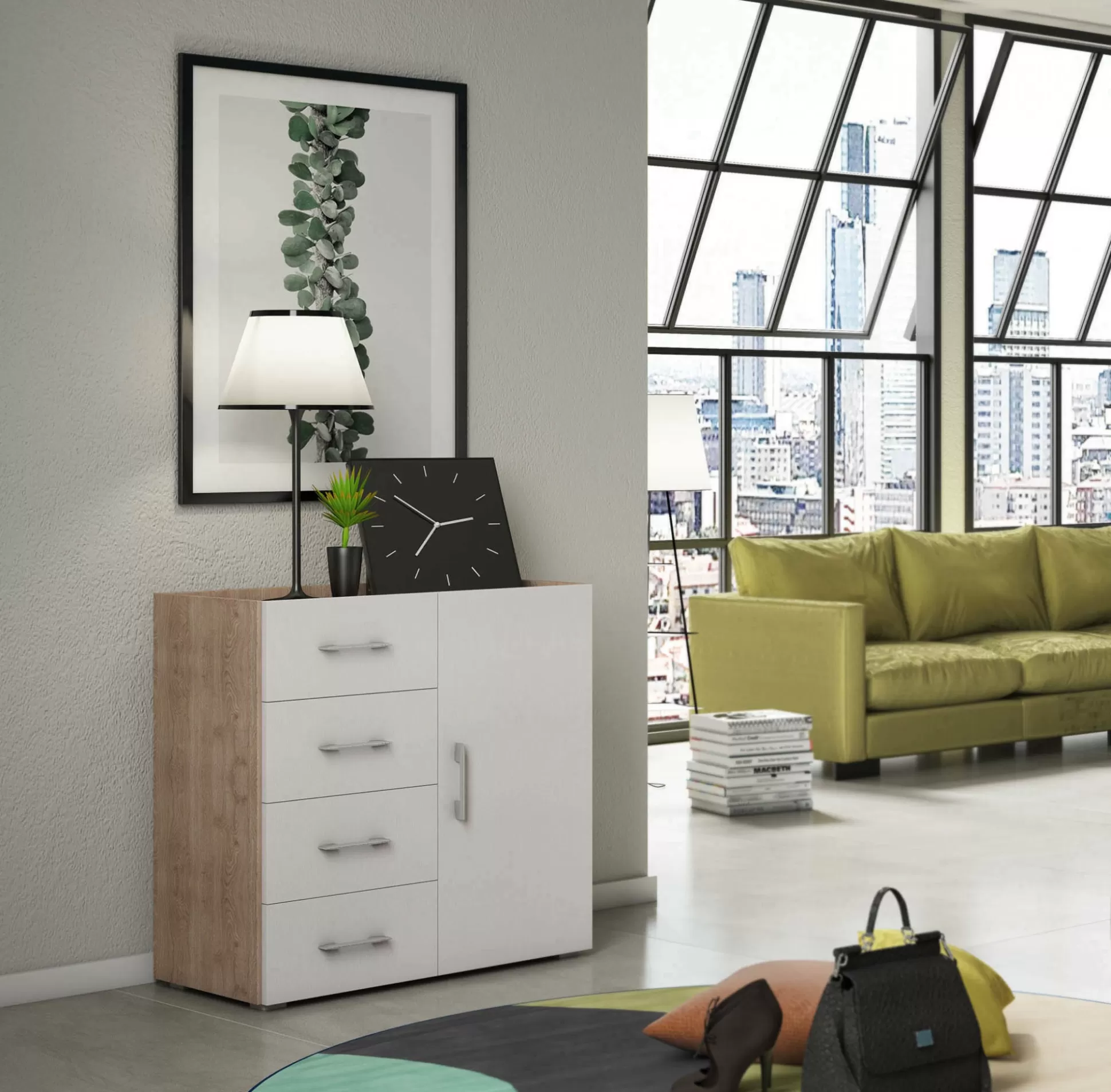 Dmora Credenze<Credenza Aracnida, 90x41h87 cm, Bianco e Rovere