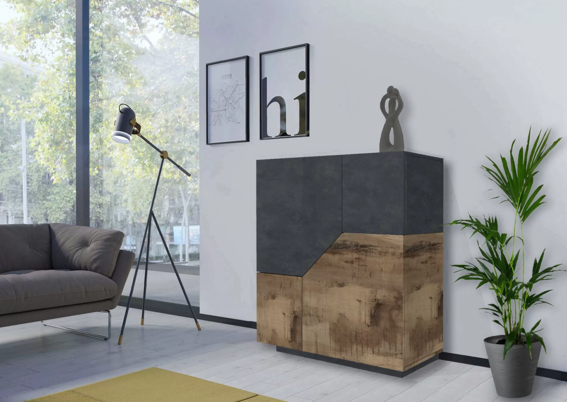Dmora Credenze<Credenza Arbal, cm 100x43h106, Ardesia e Acero