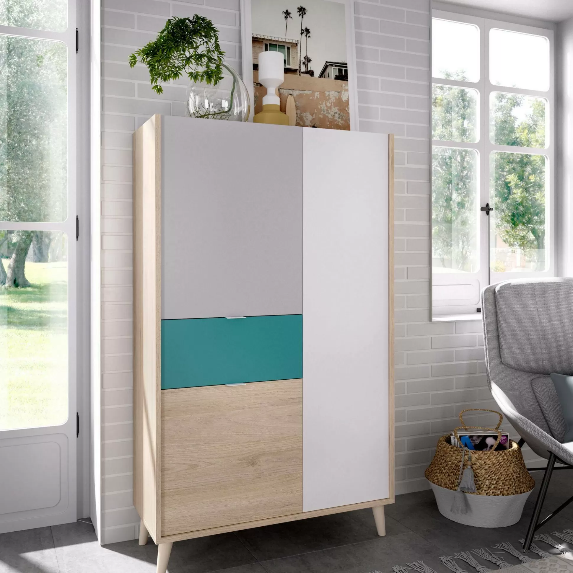 Dmora Credenze<Credenza Archimede, 81x43h137 cm, Bianco e Rovere