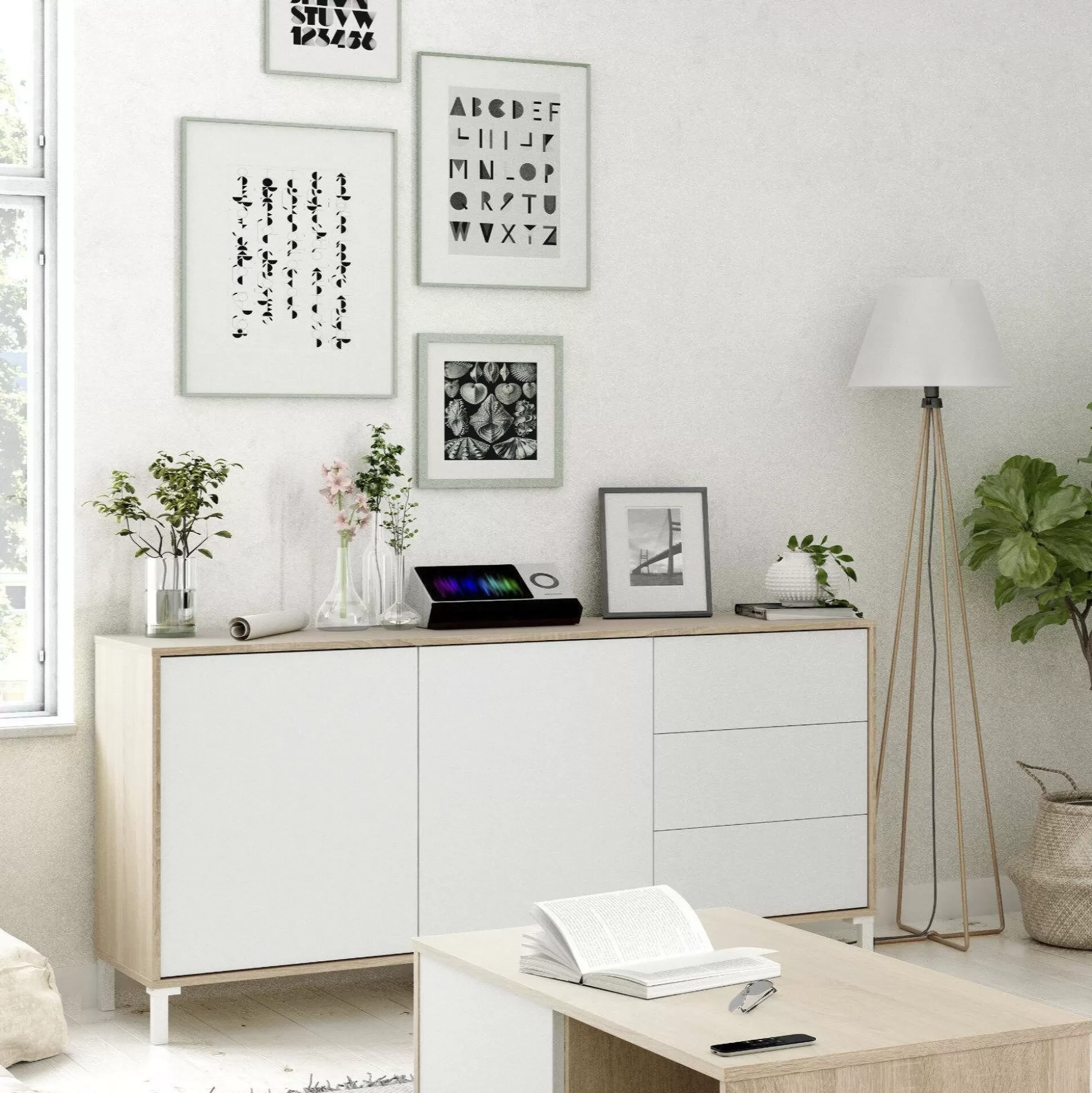 Dmora Credenze<Credenza Ardelia, 154x41h74 cm, Rovere e Bianco