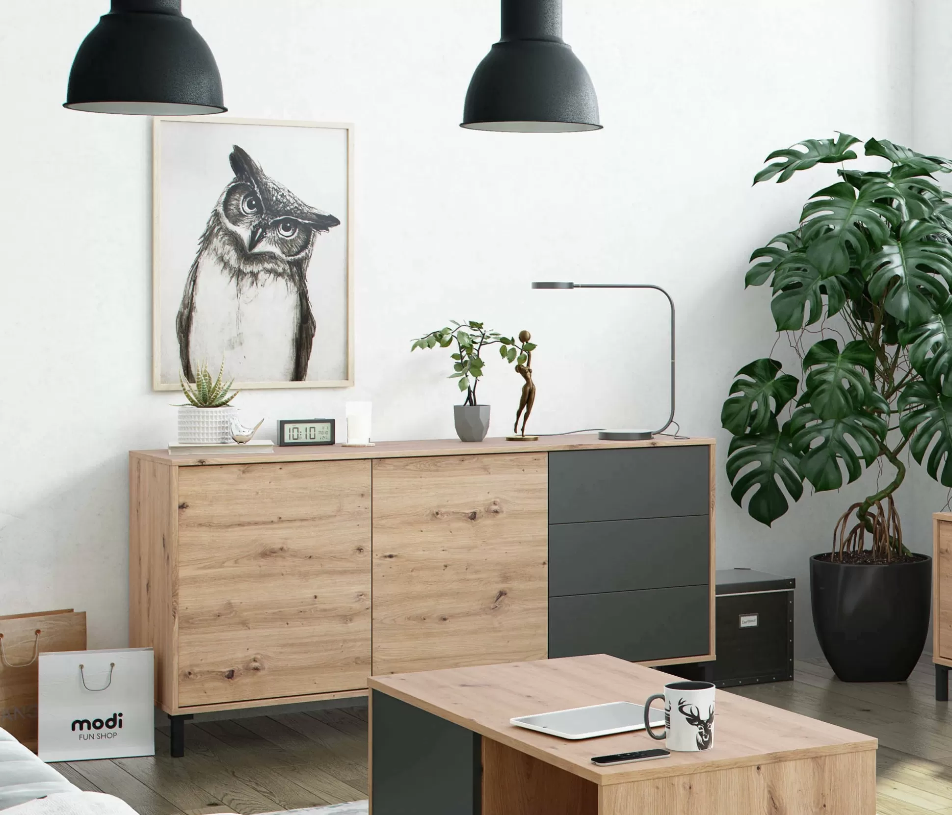 Dmora Credenze<Credenza Ardelia, 154x41h74 cm, Rovere nodi e Antracite